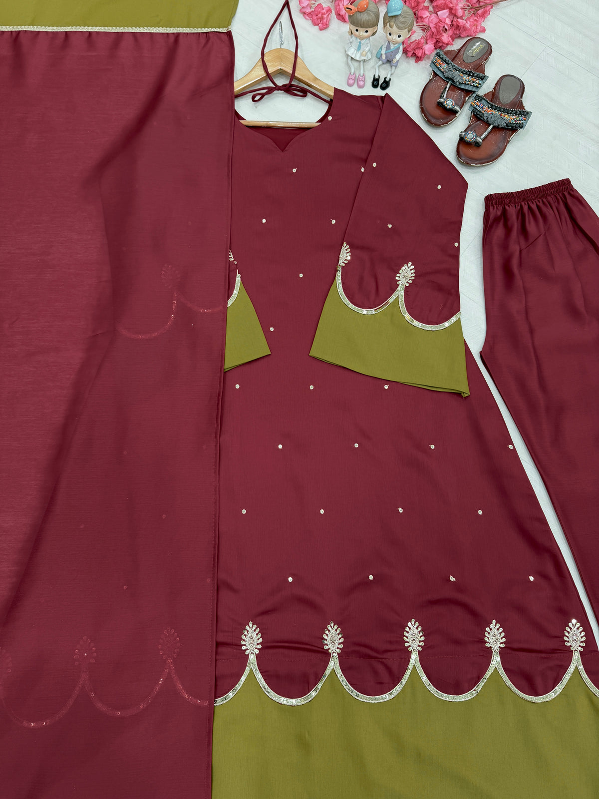 Maroon & Olive Green Roman Silk Embroidered Kaftan Palazzo Set with Dupatta