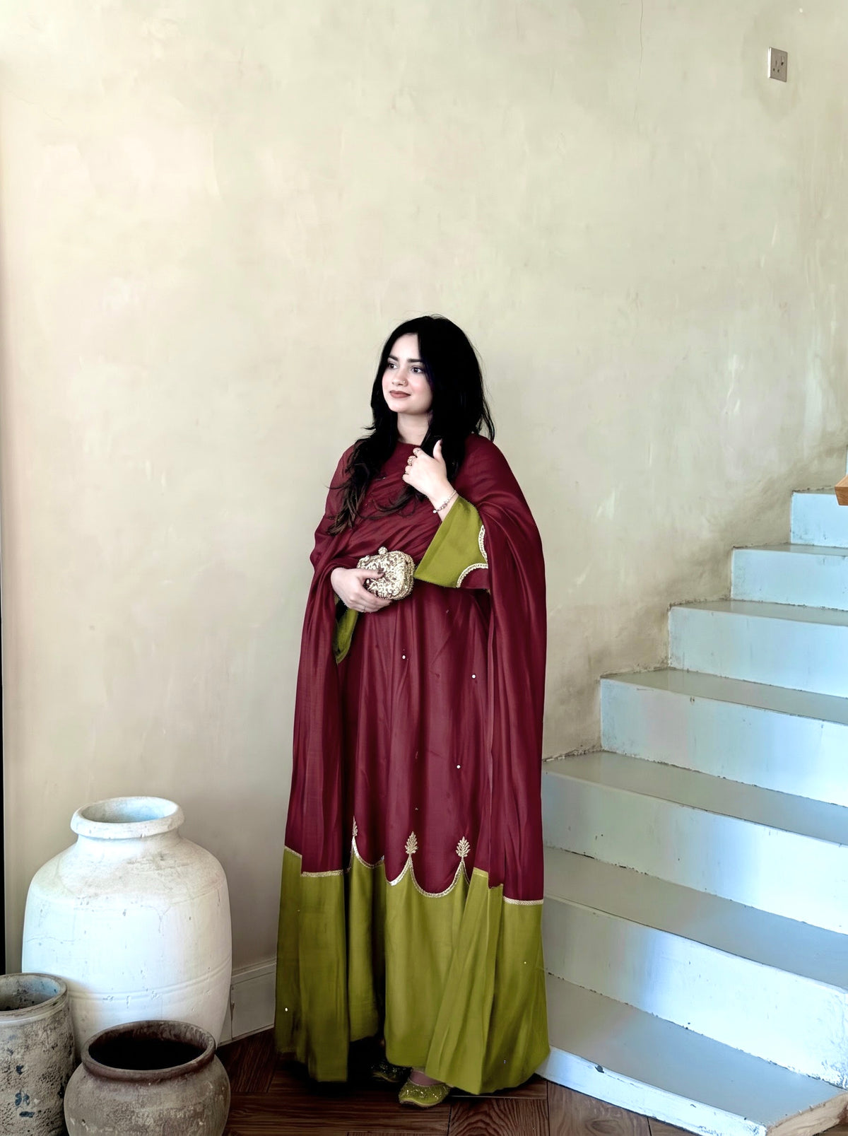 Maroon & Olive Green Roman Silk Embroidered Kaftan Palazzo Set with Dupatta