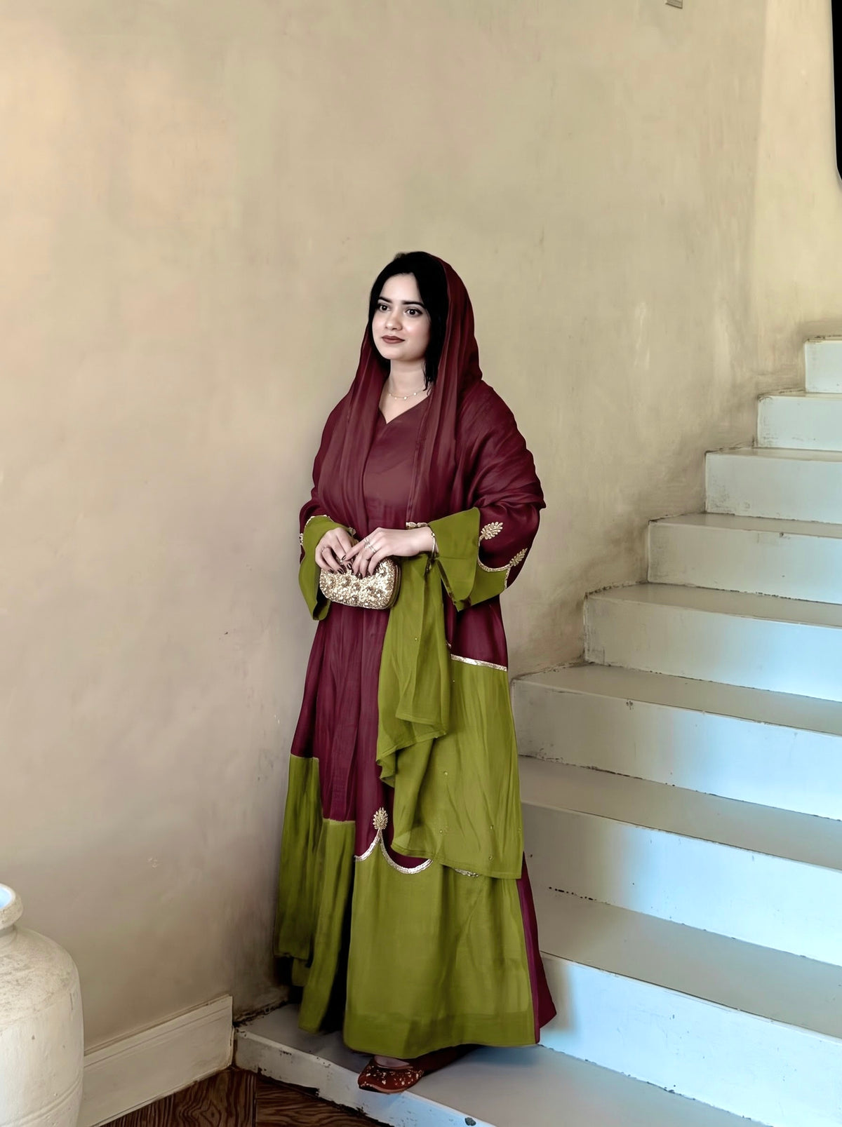 Maroon & Olive Green Roman Silk Embroidered Kaftan Palazzo Set with Dupatta