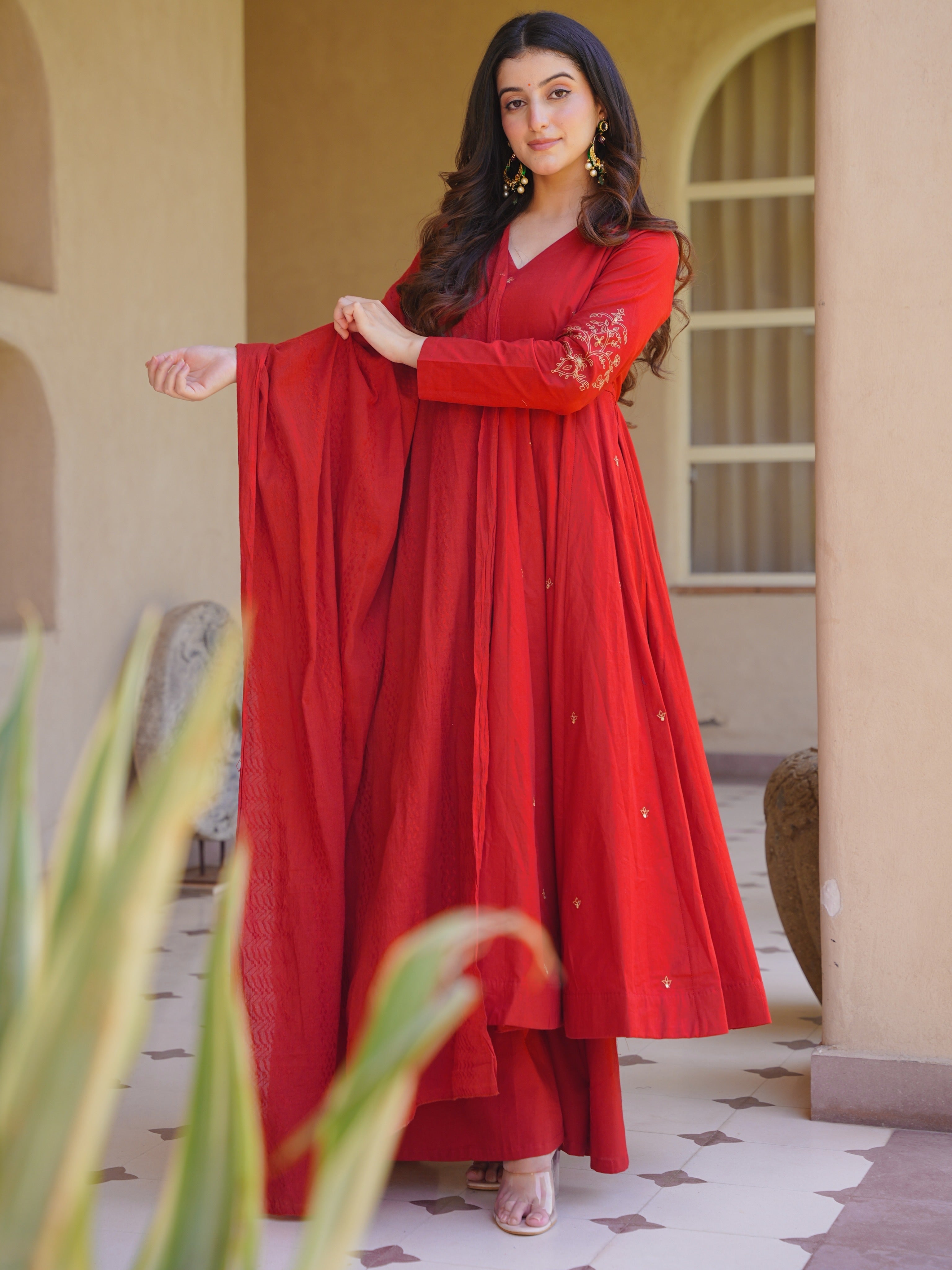 Tomato Red Roman Silk Embroidered Anarkali Suit Set with Chanderi Dupatta