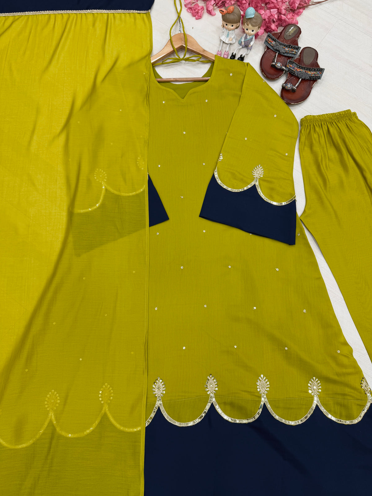 Olive Green & Navy Blue Roman Silk Embroidered Kaftan Palazzo Set with Dupatta