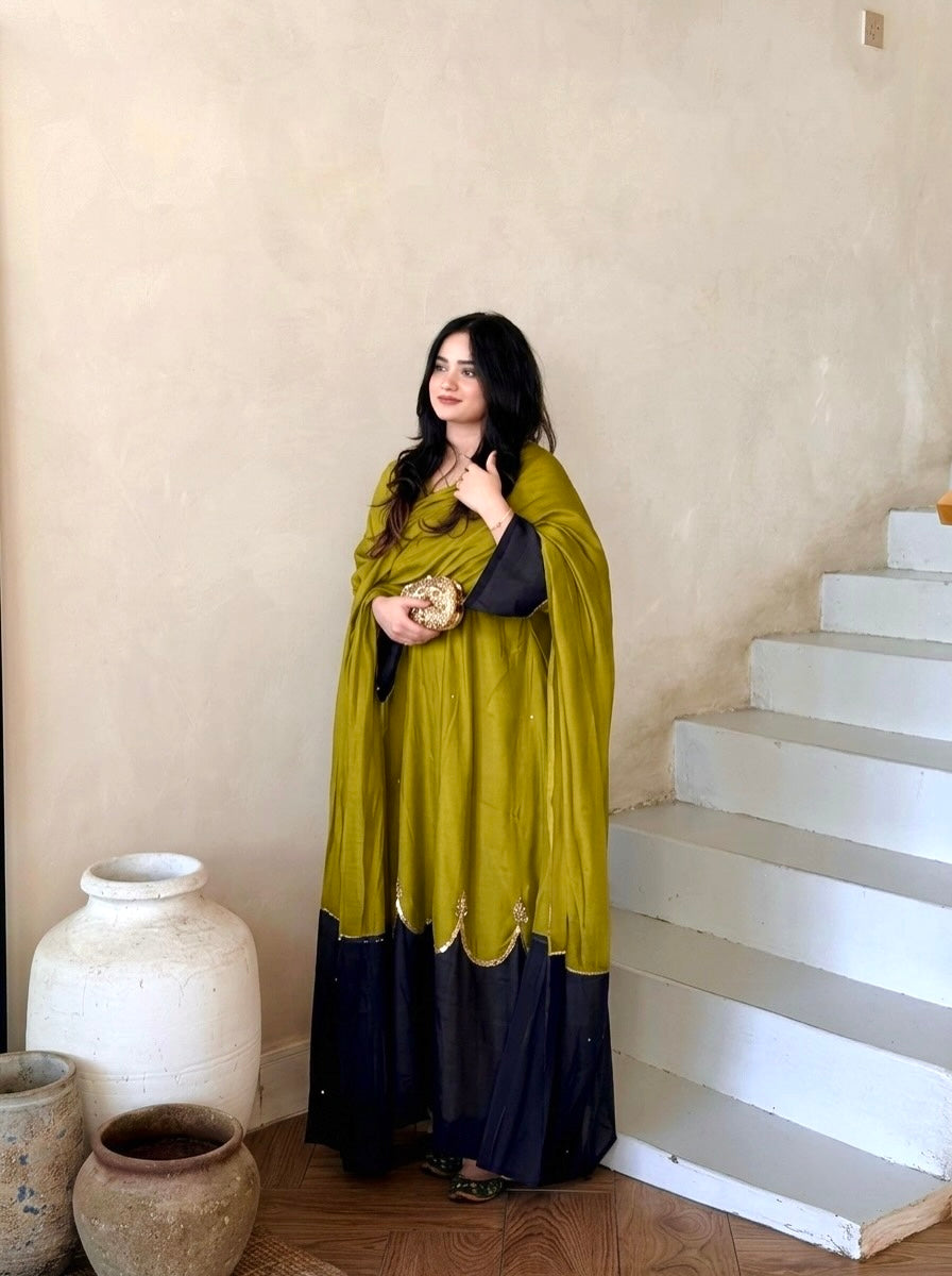 Olive Green & Navy Blue Roman Silk Embroidered Kaftan Palazzo Set with Dupatta