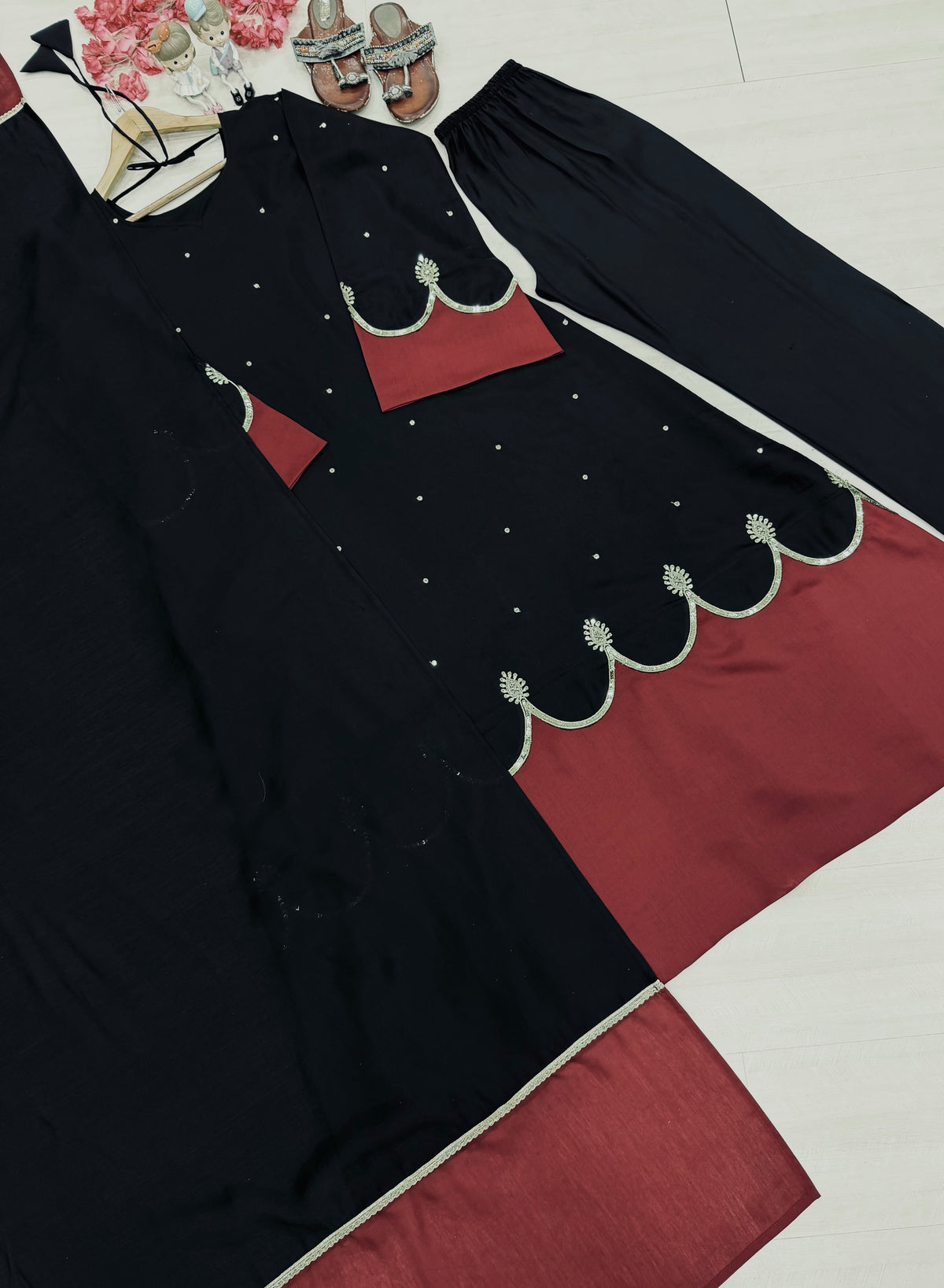 Black & Wine Maroon Roman Silk Embroidered Kaftan Palazzo Set with Dupatta