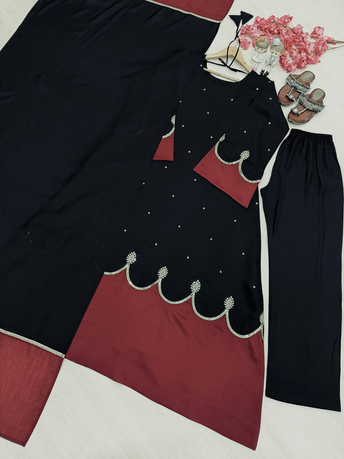 Black & Wine Maroon Roman Silk Embroidered Kaftan Palazzo Set with Dupatta