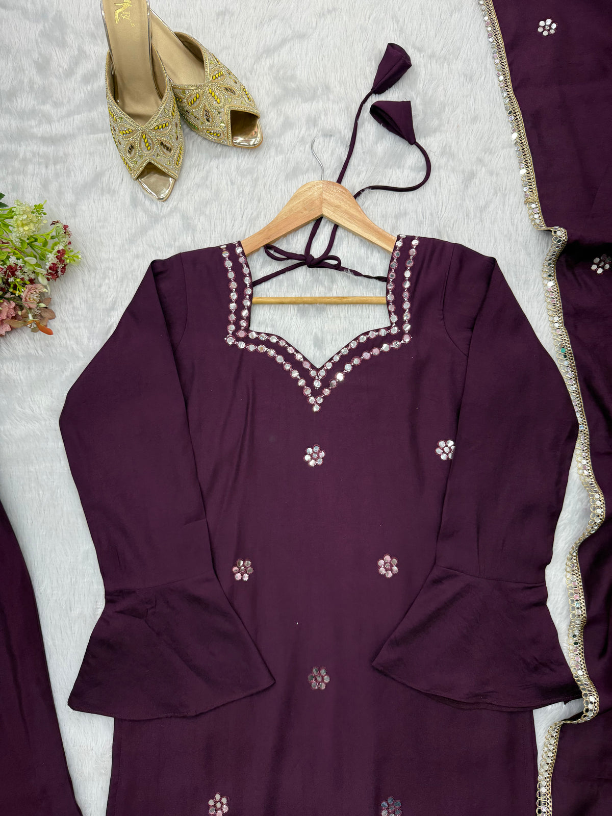 Wine Purple Roman Silk Foil Work Kurta Palazzo Set with Dupatta