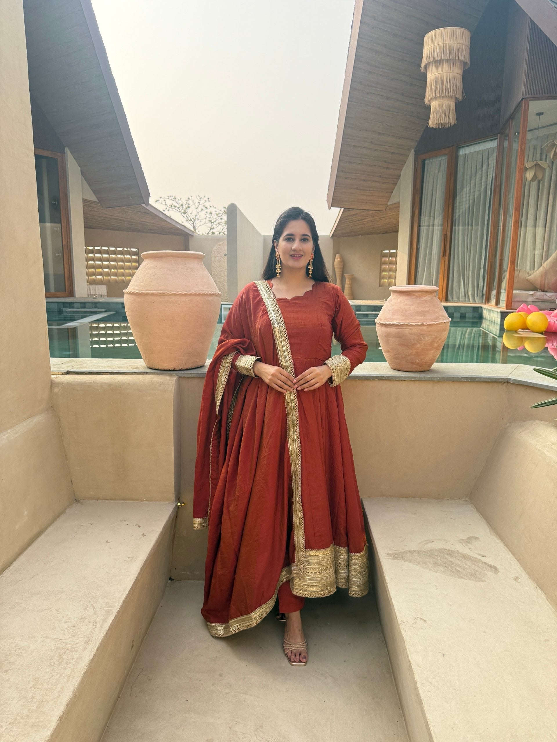 Rust Brown NC Vichitra Silk Sequins Embroidered Anarkali Suit Set with Dupatta