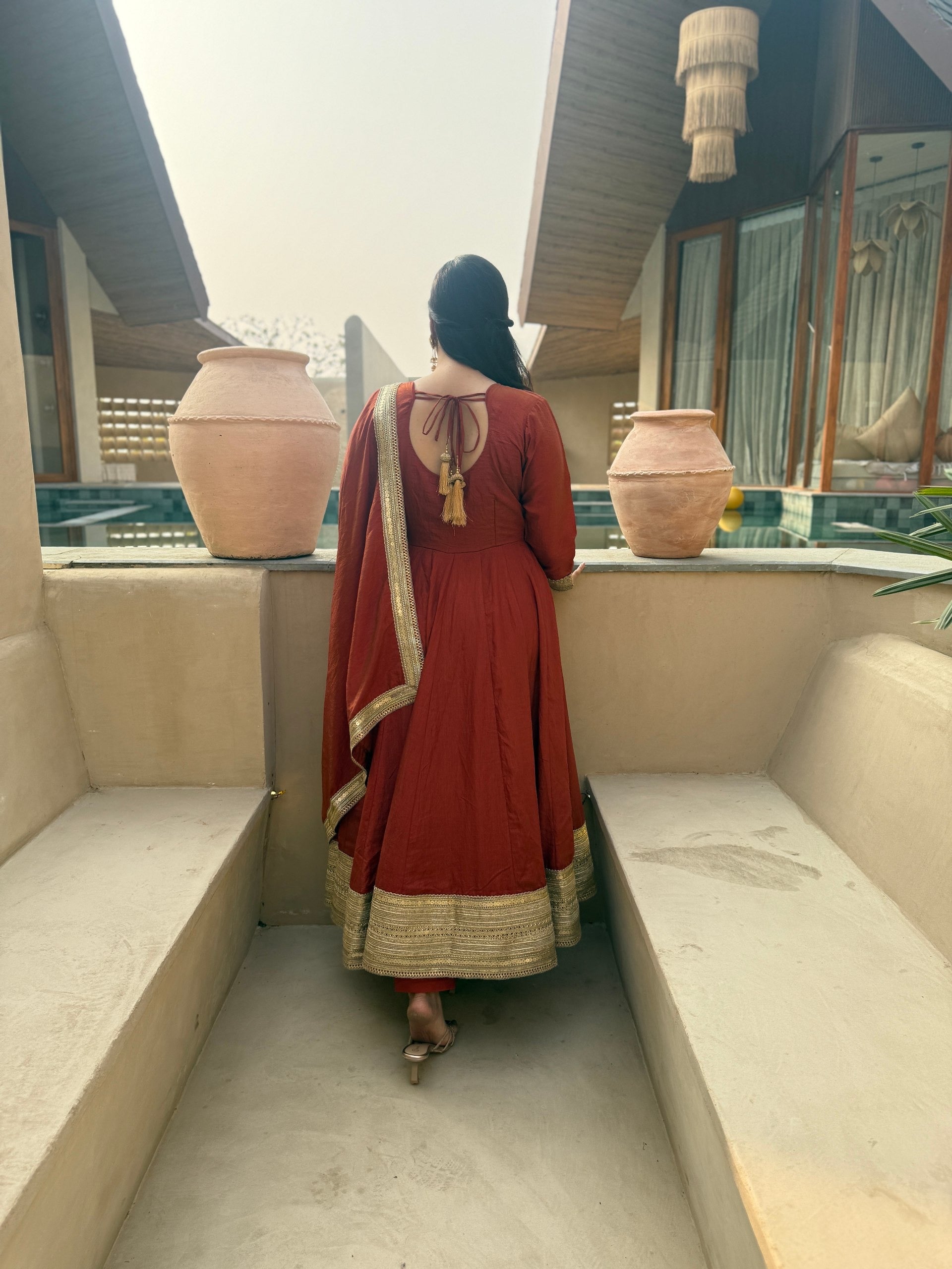 Rust Brown NC Vichitra Silk Sequins Embroidered Anarkali Suit Set with Dupatta