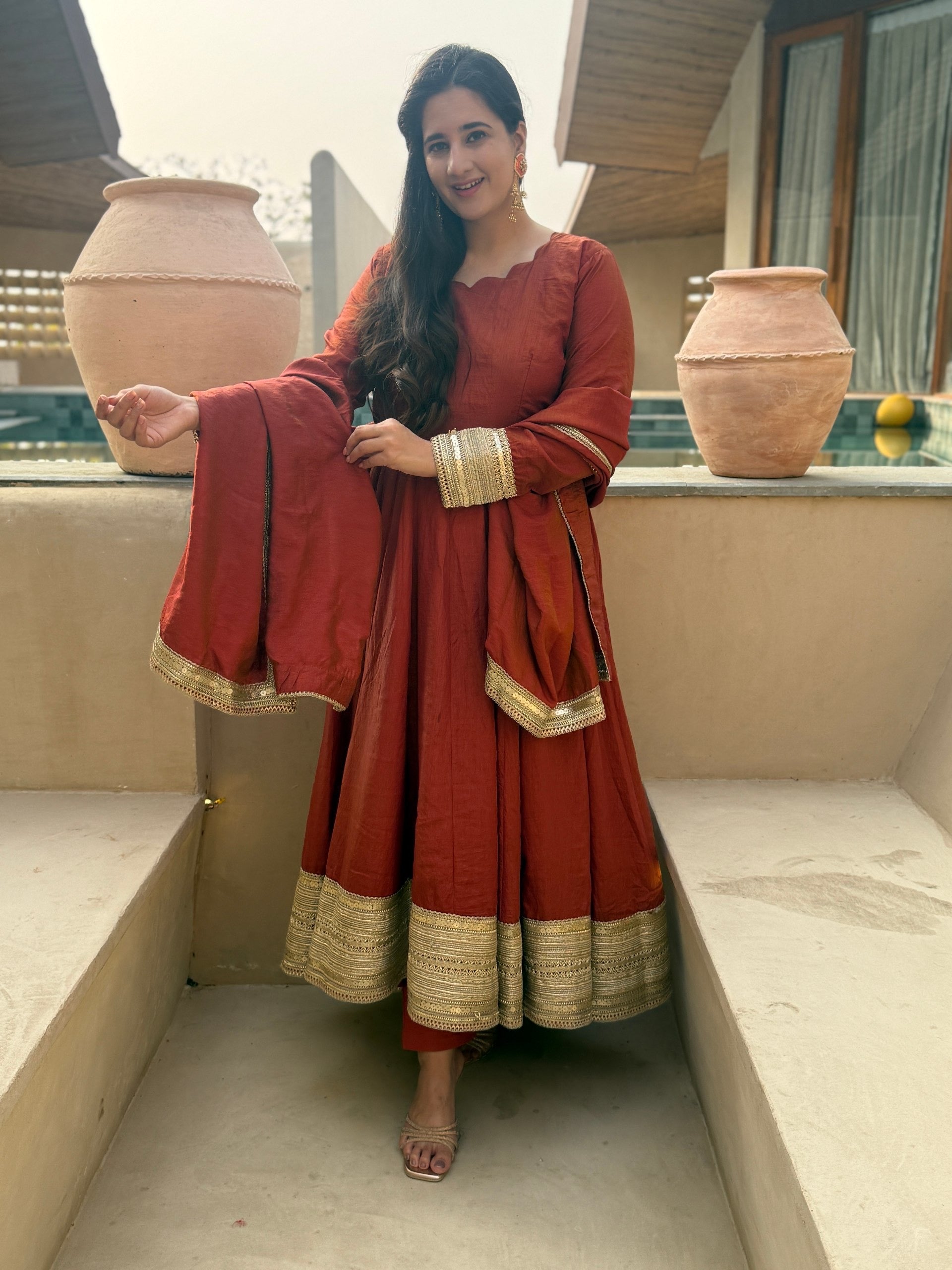 Rust Brown NC Vichitra Silk Sequins Embroidered Anarkali Suit Set with Dupatta