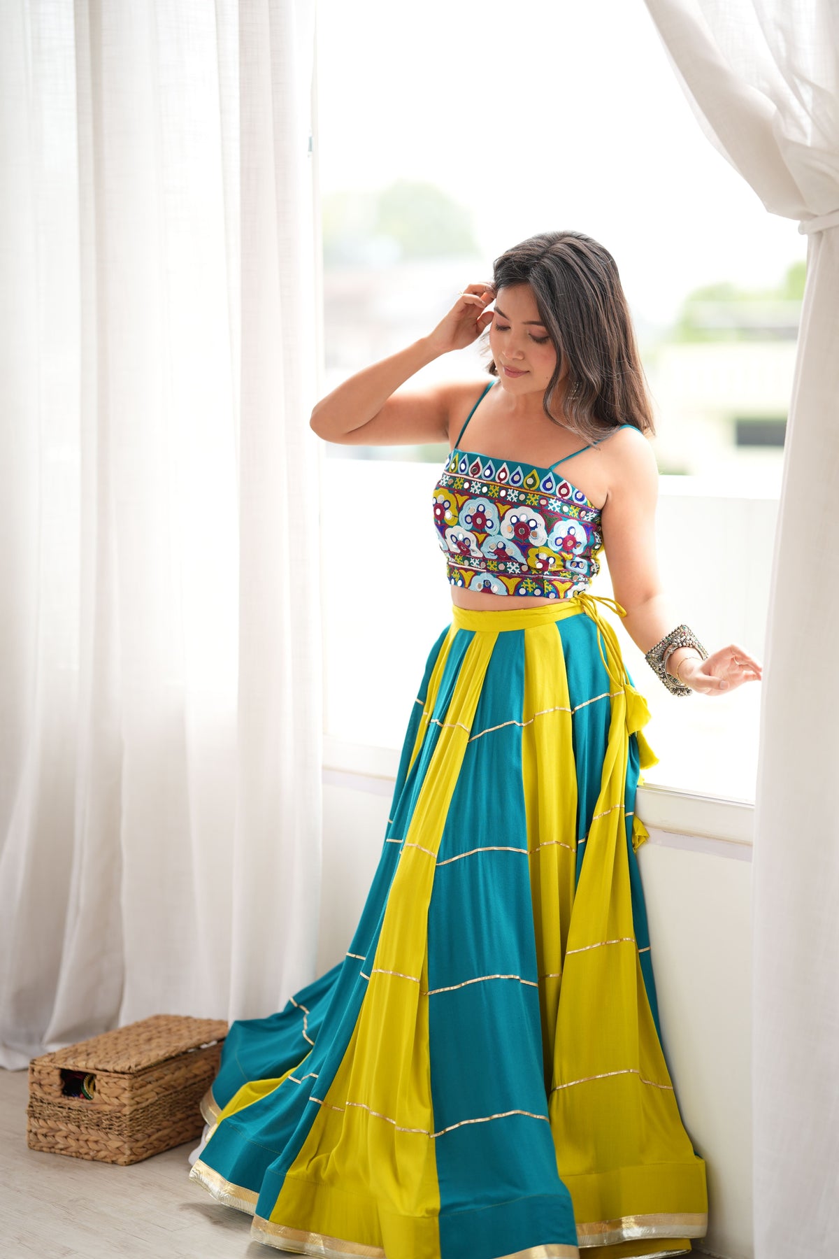 Teal Blue & Mustard Yellow Gota Patti Embroidered Designer Lehenga Choli