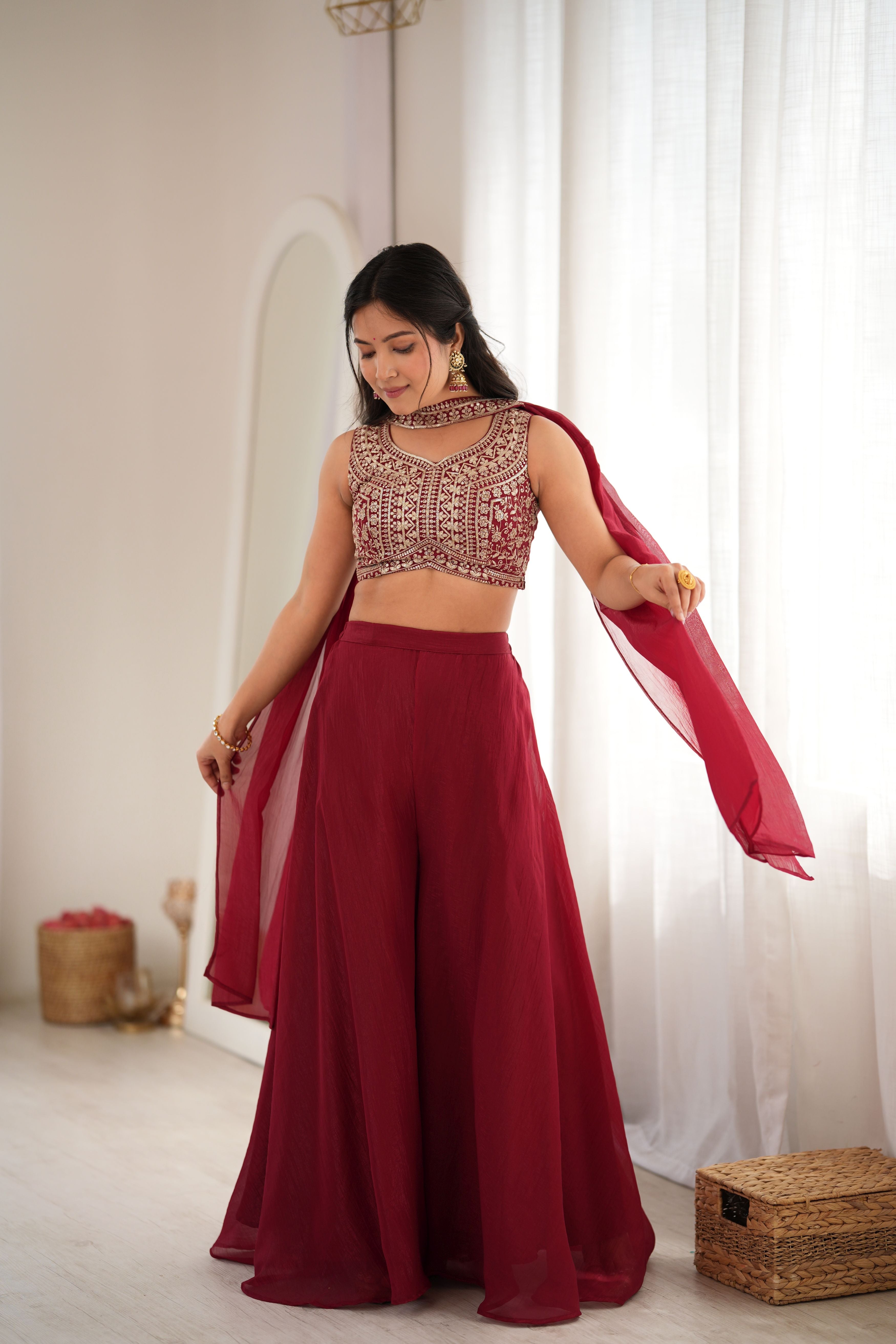Wine Crunchy Silk Indo-Western Crop Top Palazzo Set with Embroidered Neck Dupatta | Ready to Wear