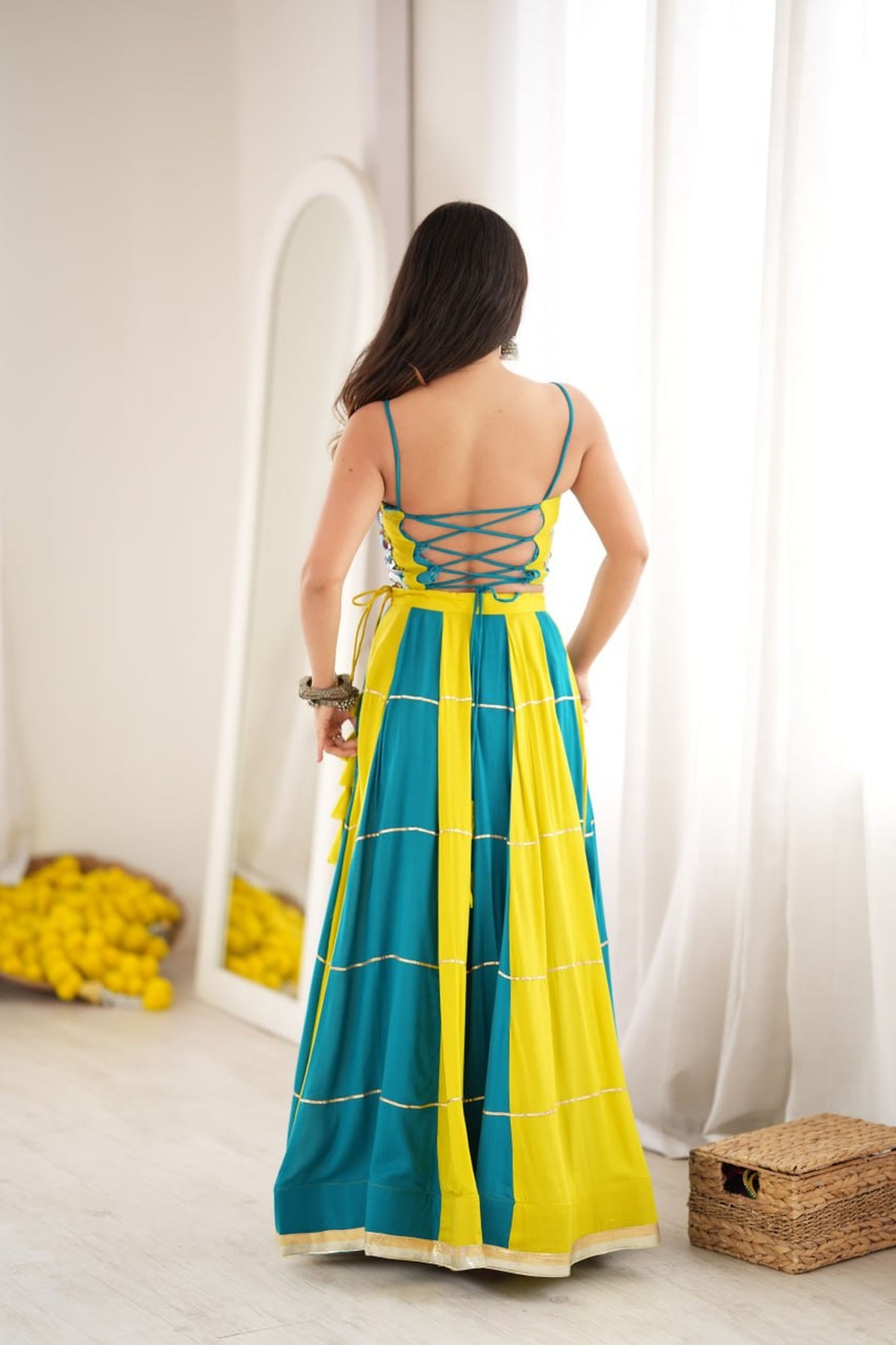 Teal Blue & Mustard Yellow Gota Patti Embroidered Designer Lehenga Choli