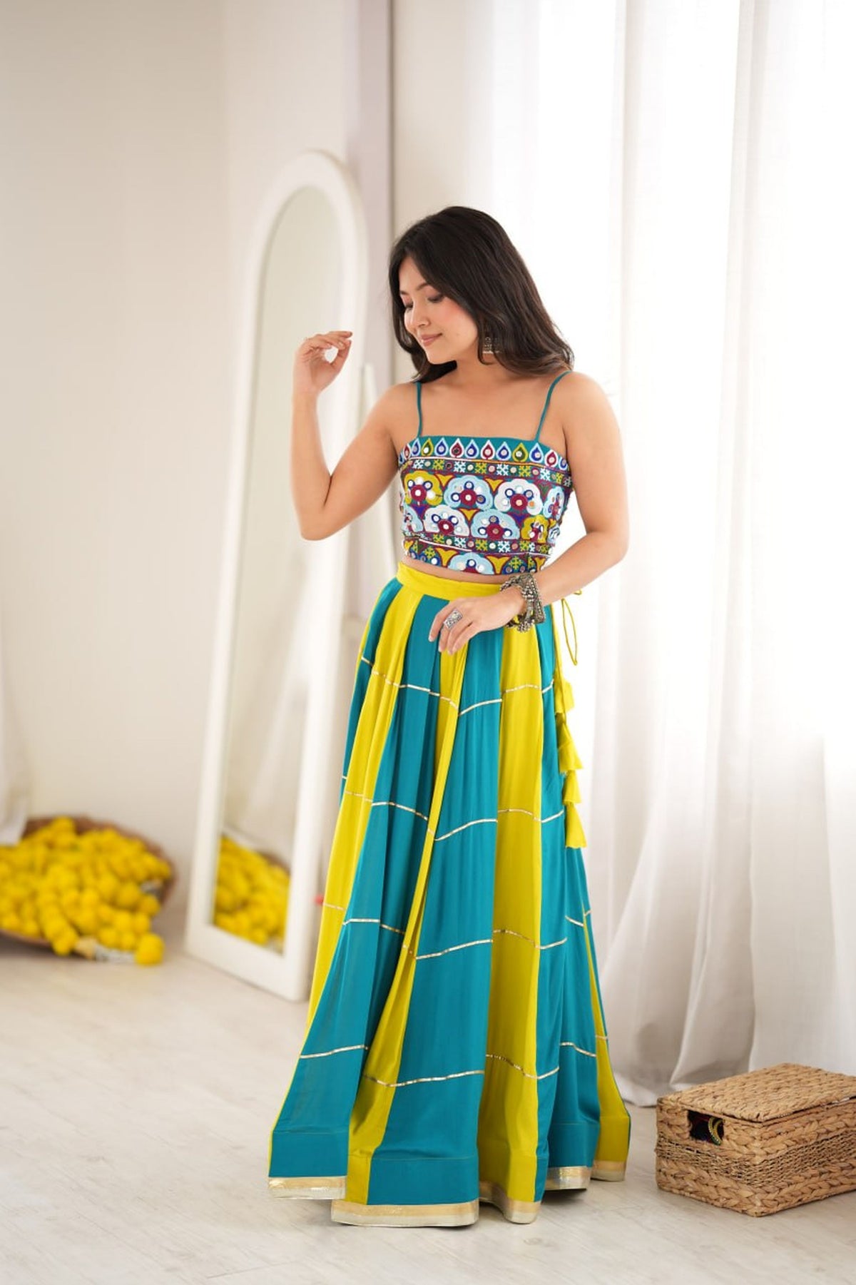 Teal Blue & Mustard Yellow Gota Patti Embroidered Designer Lehenga Choli