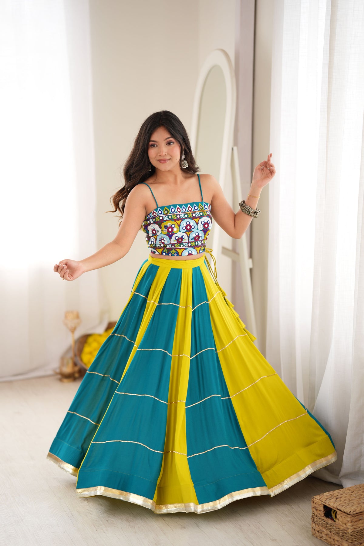 Teal Blue & Mustard Yellow Gota Patti Embroidered Designer Lehenga Choli