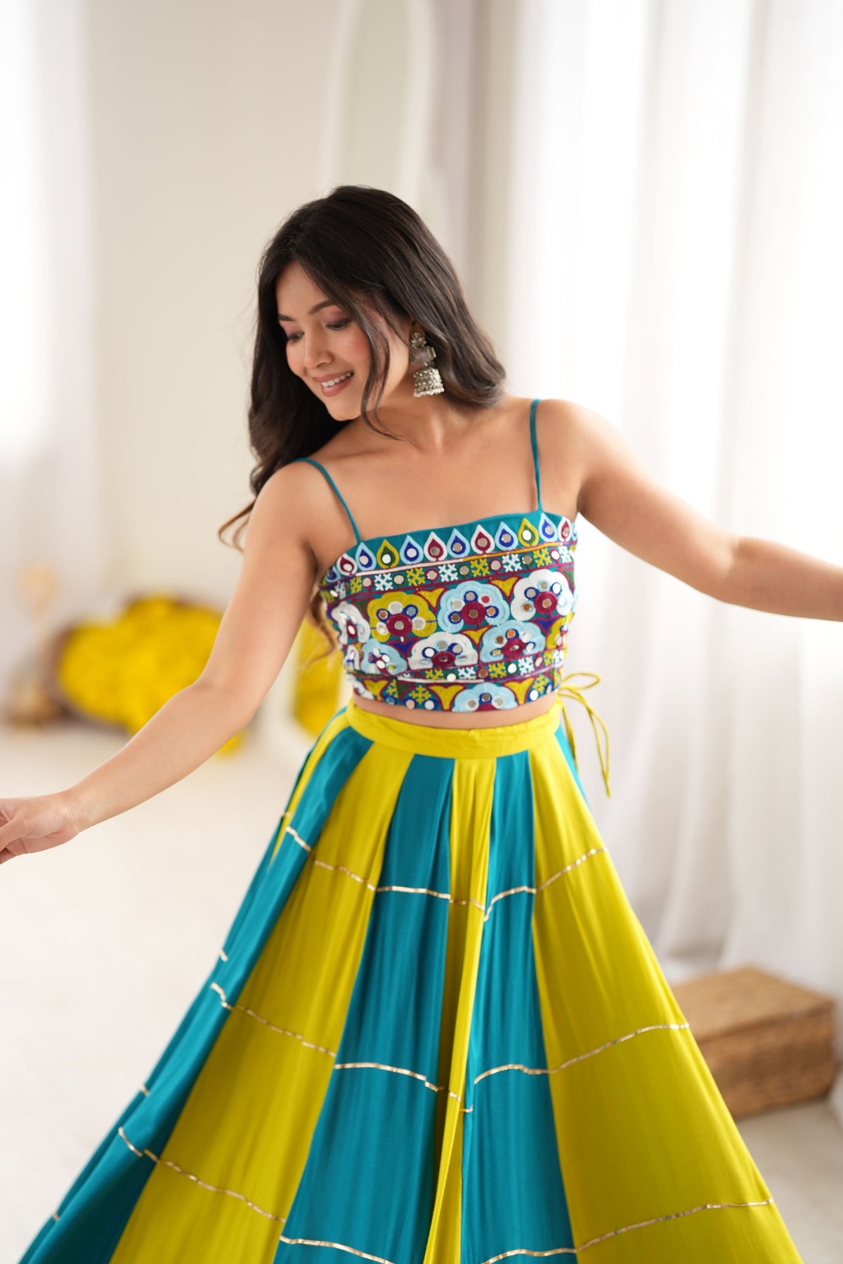 Teal Blue & Mustard Yellow Gota Patti Embroidered Designer Lehenga Choli