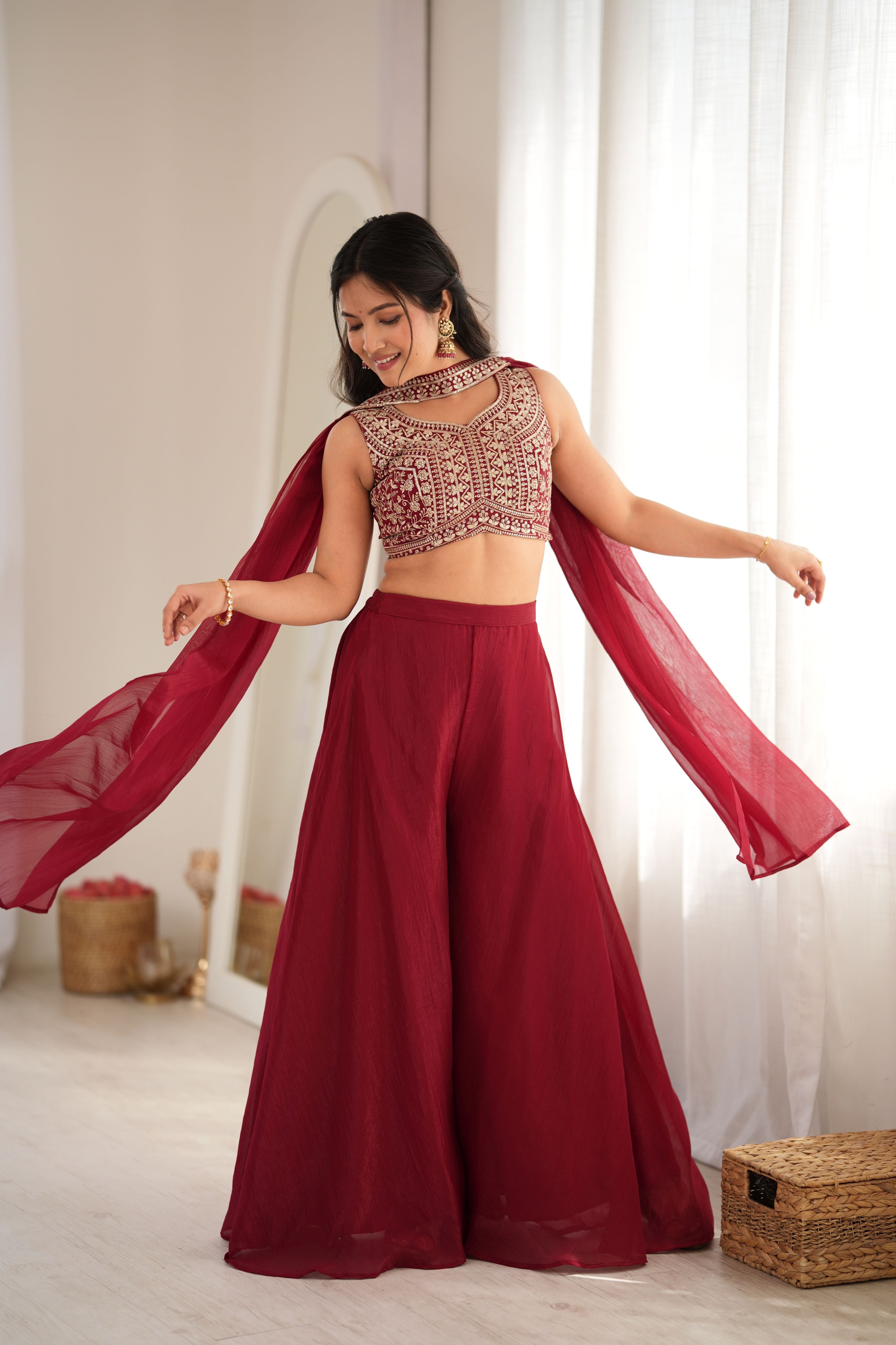 Wine Crunchy Silk Indo-Western Crop Top Palazzo Set with Embroidered Neck Dupatta | Ready to Wear