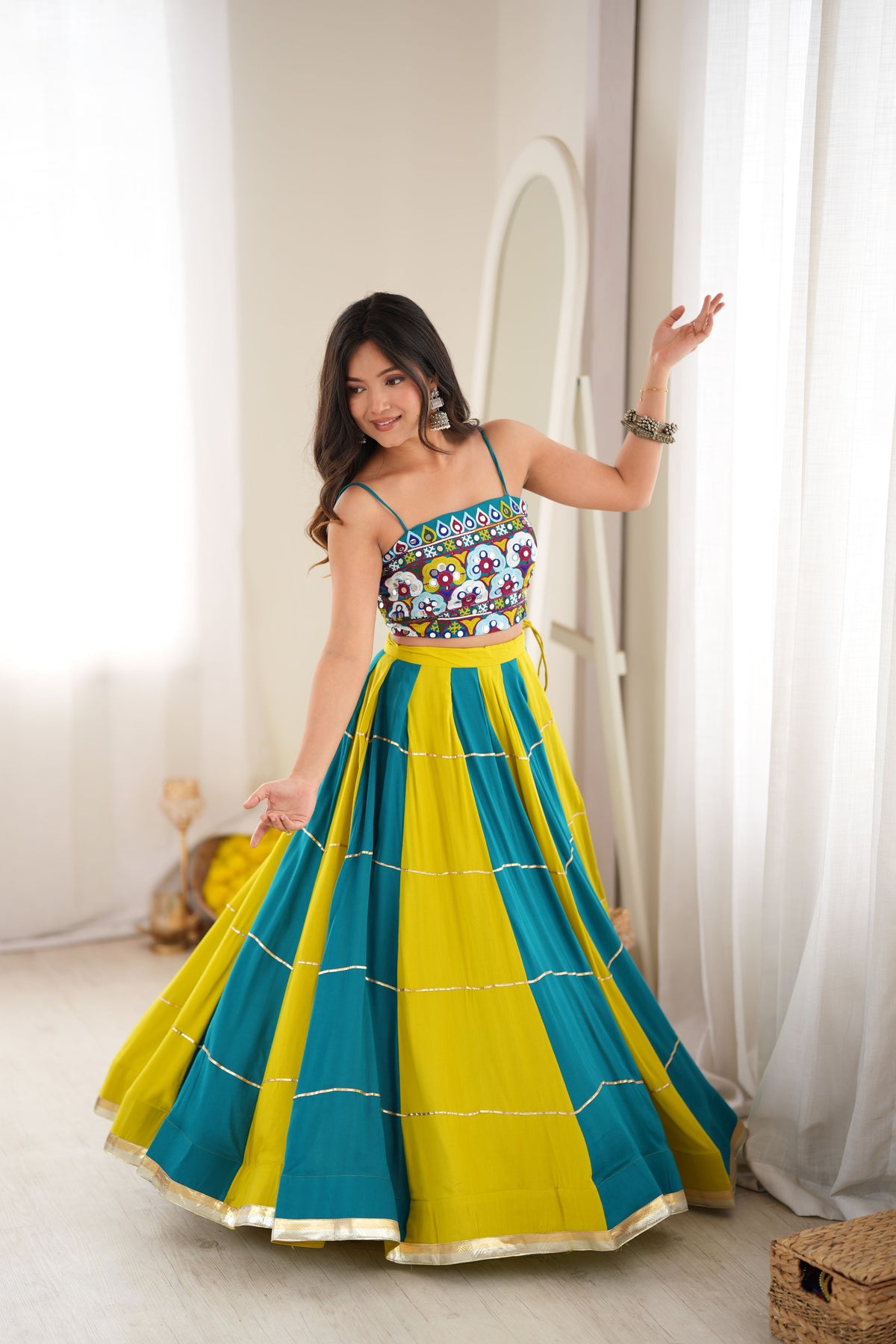 Teal Blue & Mustard Yellow Gota Patti Embroidered Designer Lehenga Choli