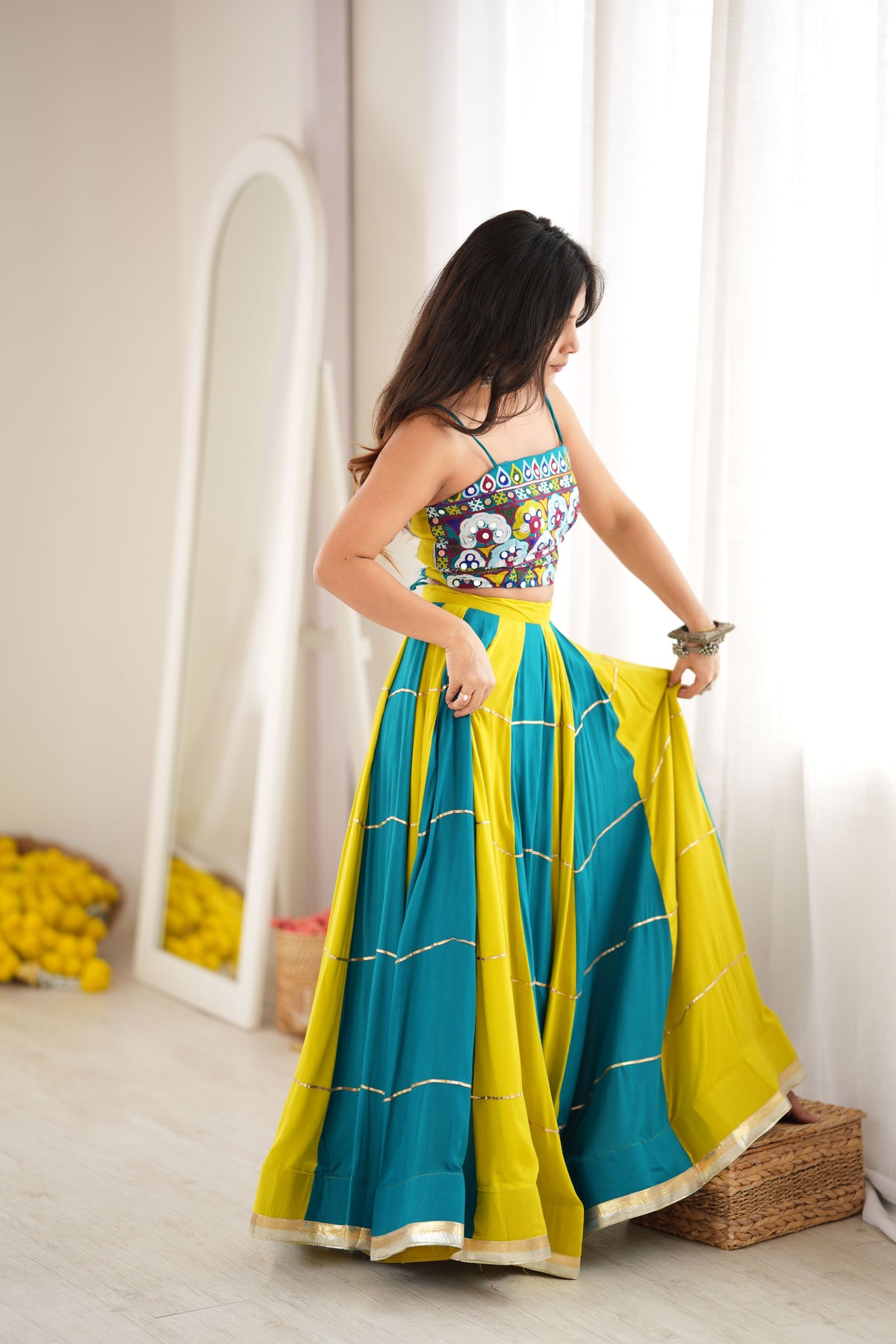 Teal Blue & Mustard Yellow Gota Patti Embroidered Designer Lehenga Choli