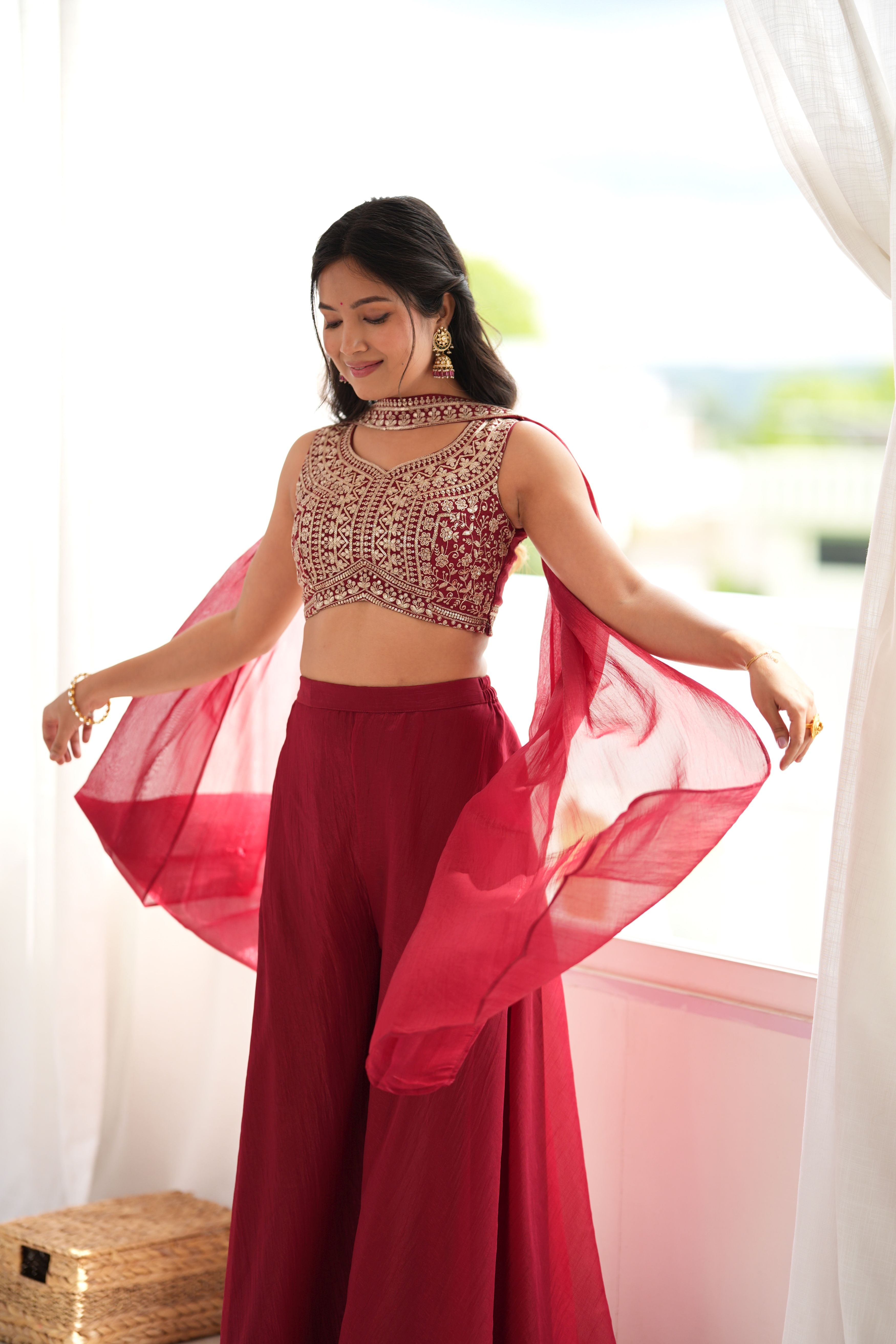 Wine Crunchy Silk Indo-Western Crop Top Palazzo Set with Embroidered Neck Dupatta | Ready to Wear