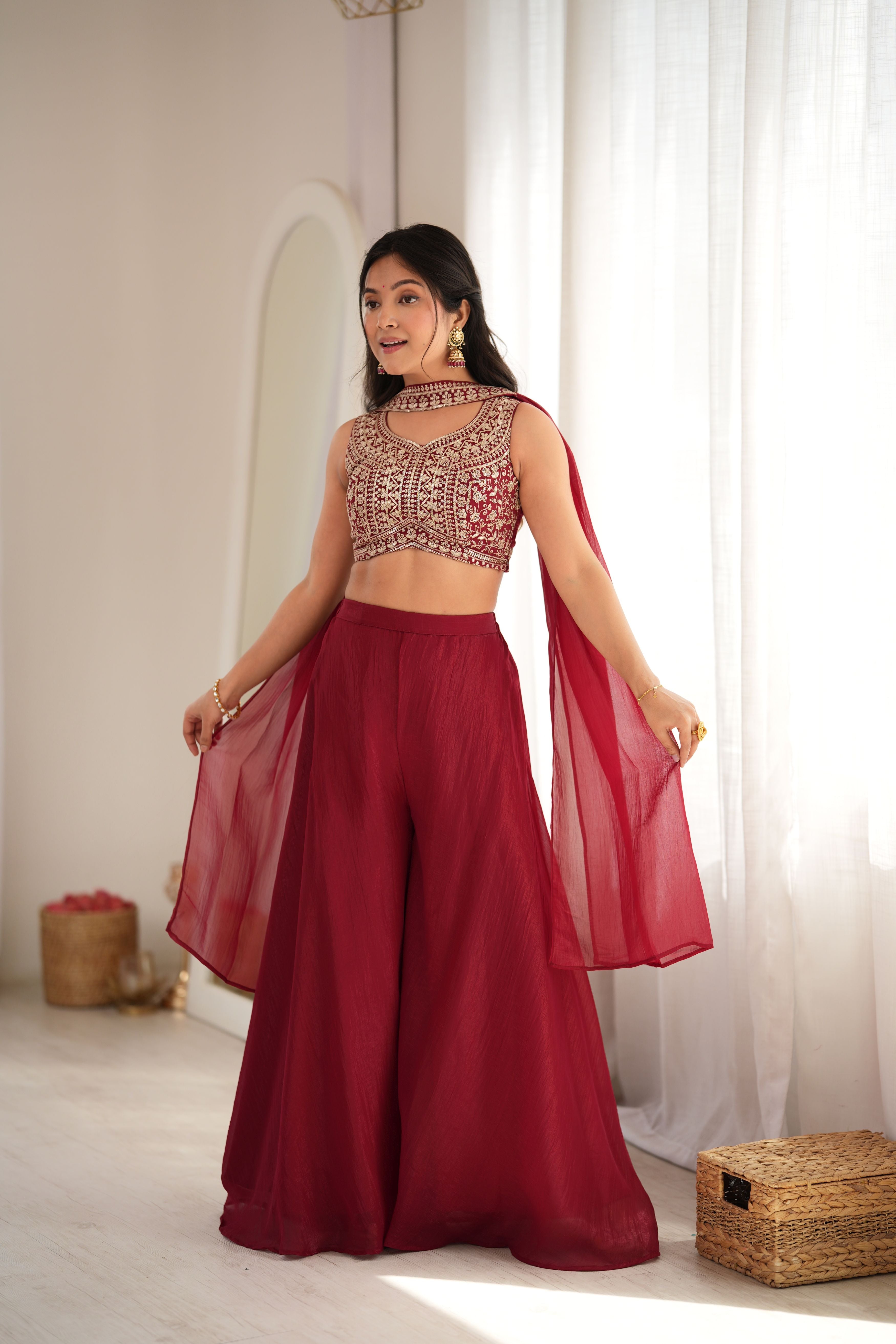 Wine Crunchy Silk Indo-Western Crop Top Palazzo Set with Embroidered Neck Dupatta | Ready to Wear