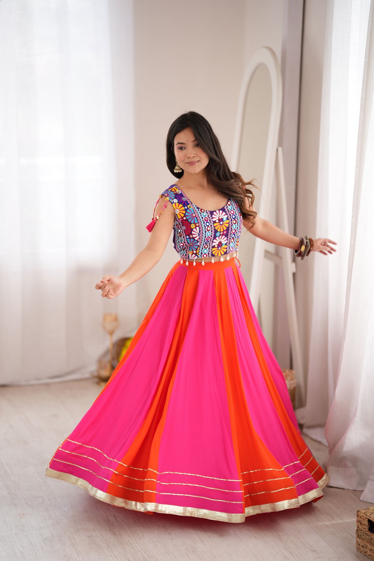 Hot Pink & Orange Multicolor Gota Patti Designer Lehenga Choli