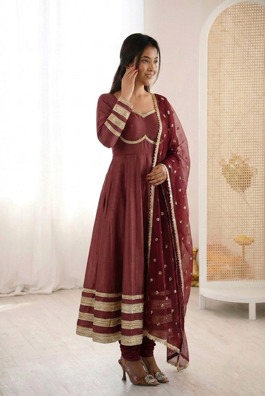 Wine Cosmos Gold Anarkali Suit Set with Heavy Lace Work & Embroidered Georgette Dupatta | Ready to Wear