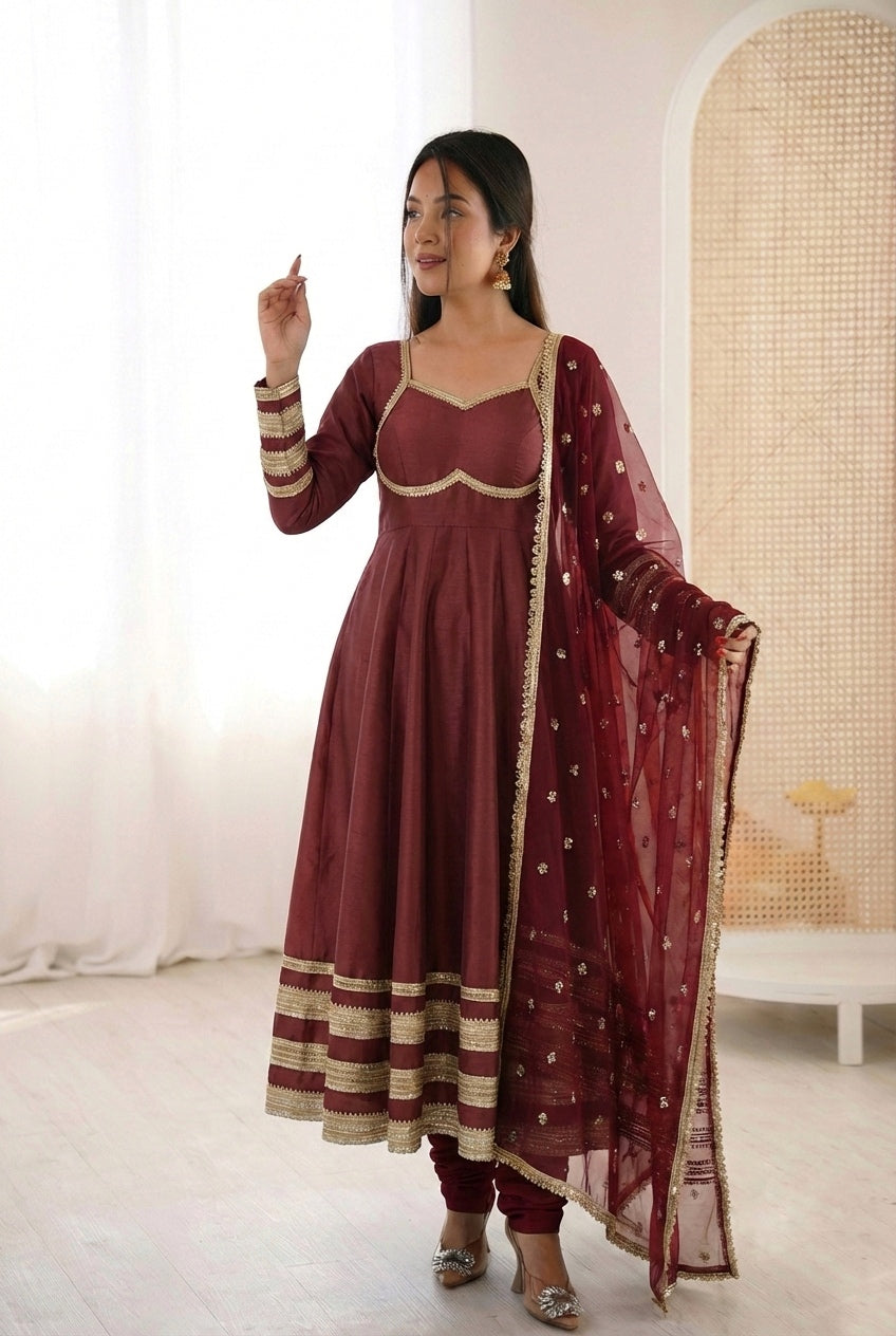 Wine Cosmos Gold Anarkali Suit Set with Heavy Lace Work & Embroidered Georgette Dupatta | Ready to Wear