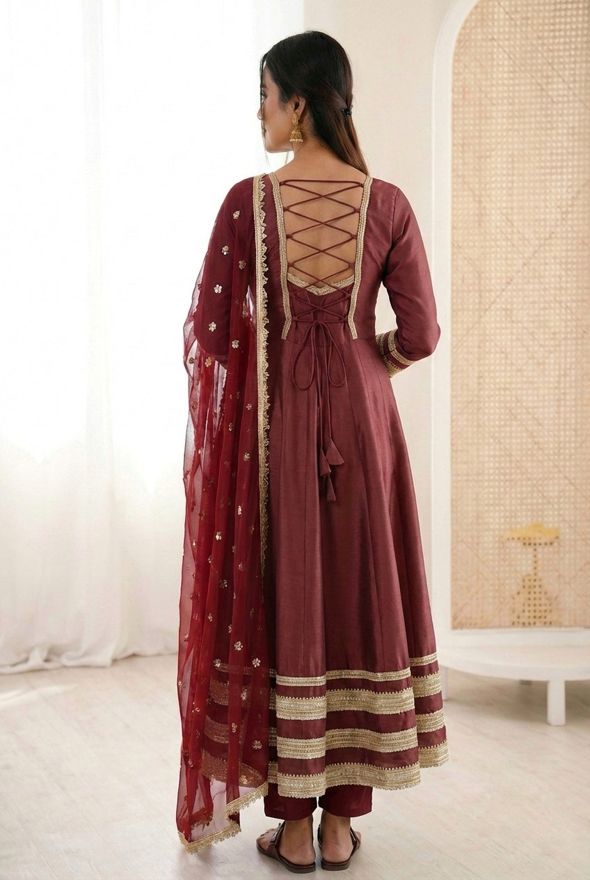 Wine Cosmos Gold Anarkali Suit Set with Heavy Lace Work & Embroidered Georgette Dupatta | Ready to Wear