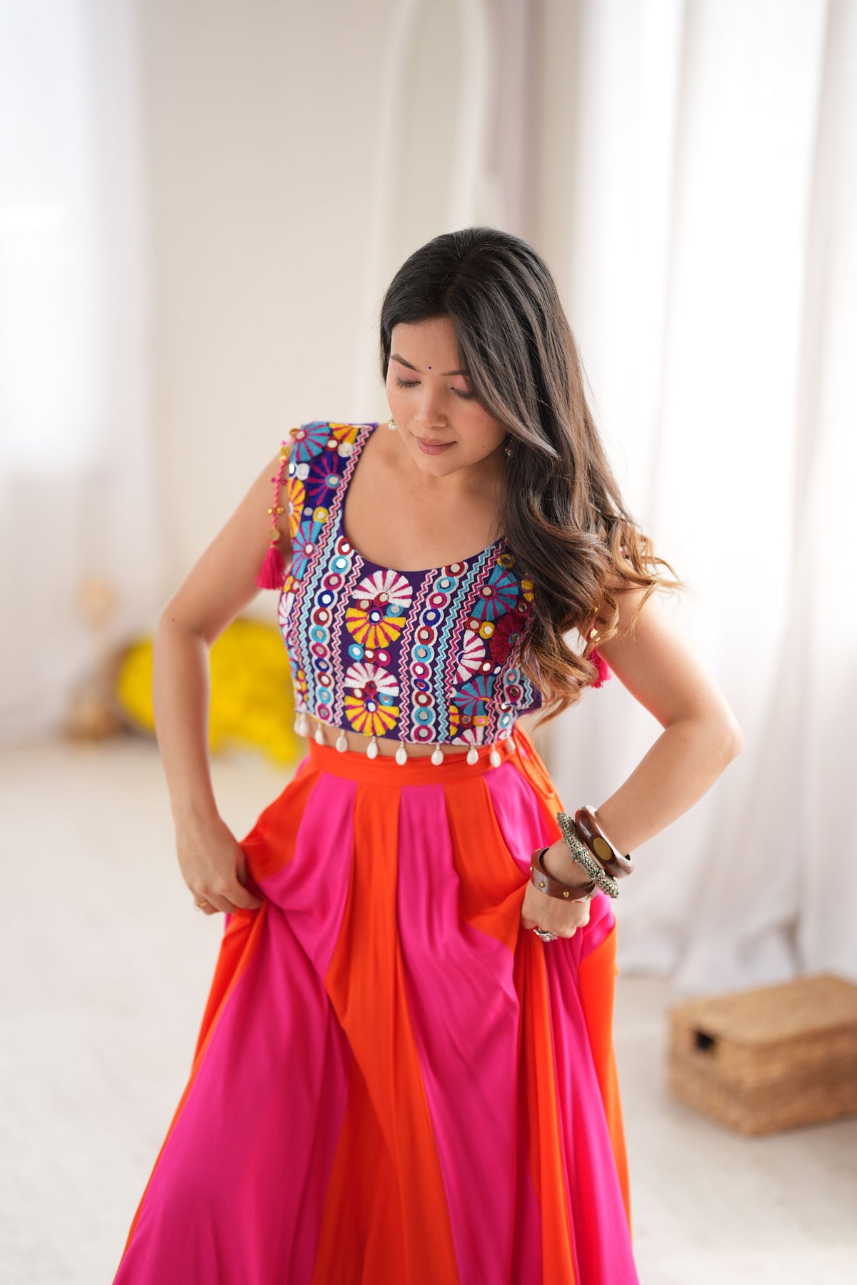 Hot Pink & Orange Multicolor Gota Patti Designer Lehenga Choli