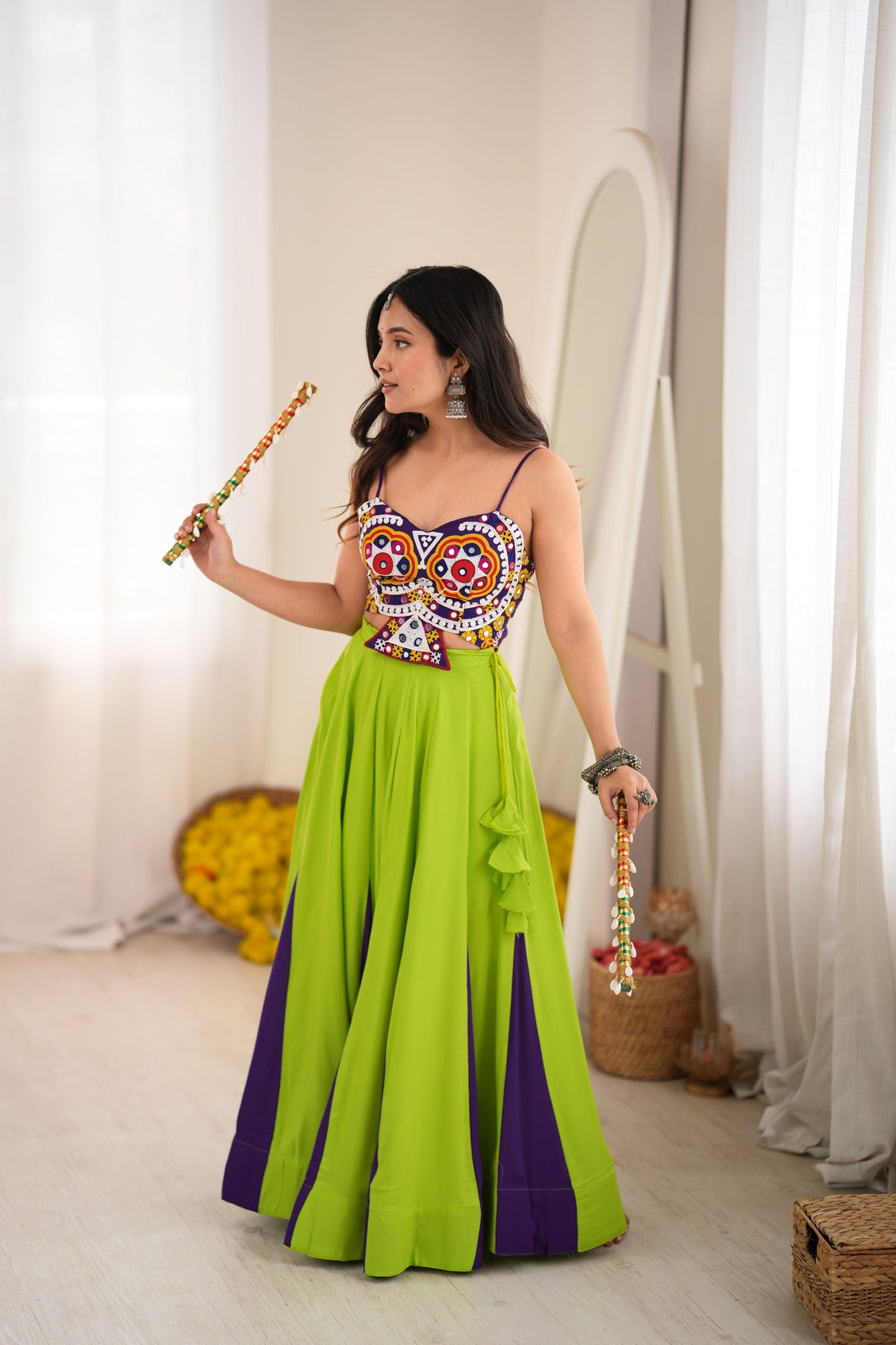 Lime Green & Purple Heavy Reyon Gota Patti Work Lehenga Choli