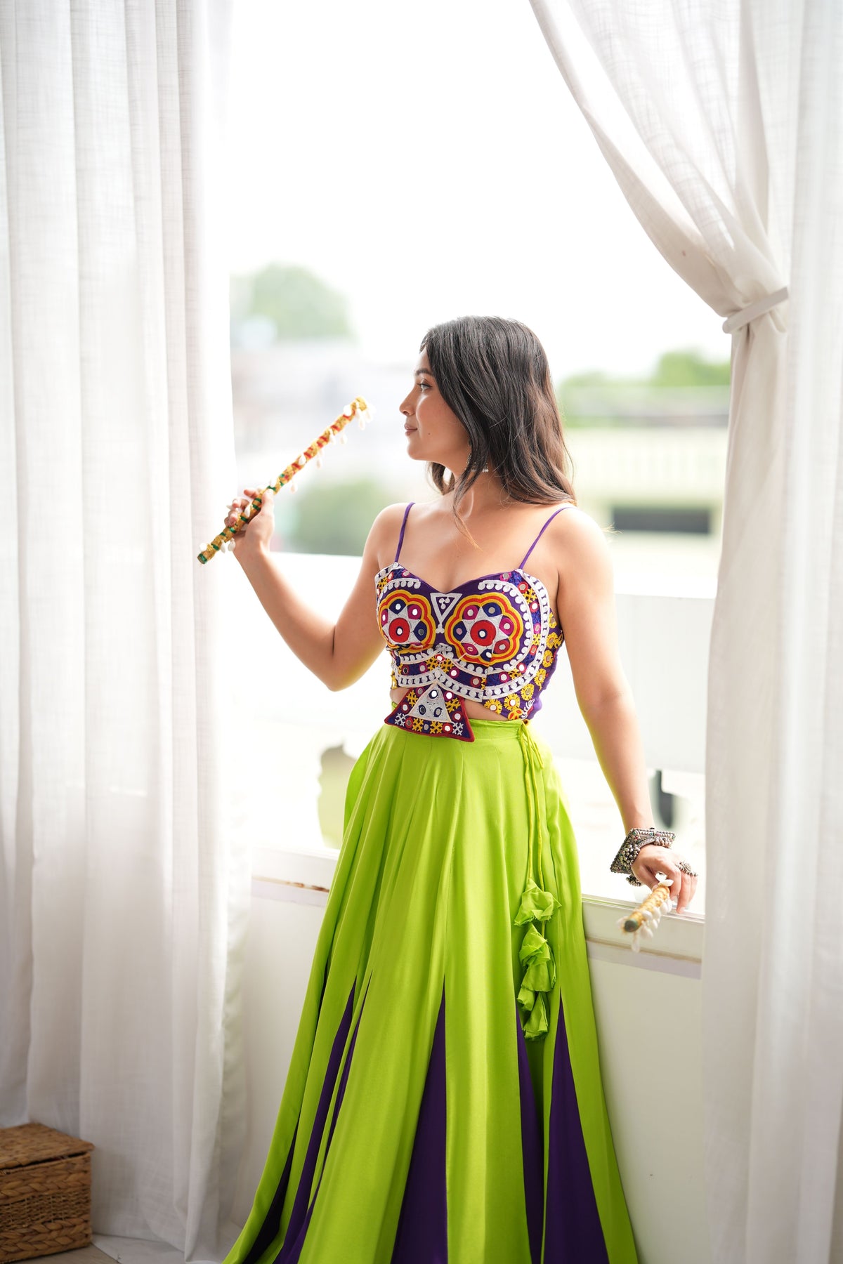 Lime Green & Purple Heavy Reyon Gota Patti Work Lehenga Choli