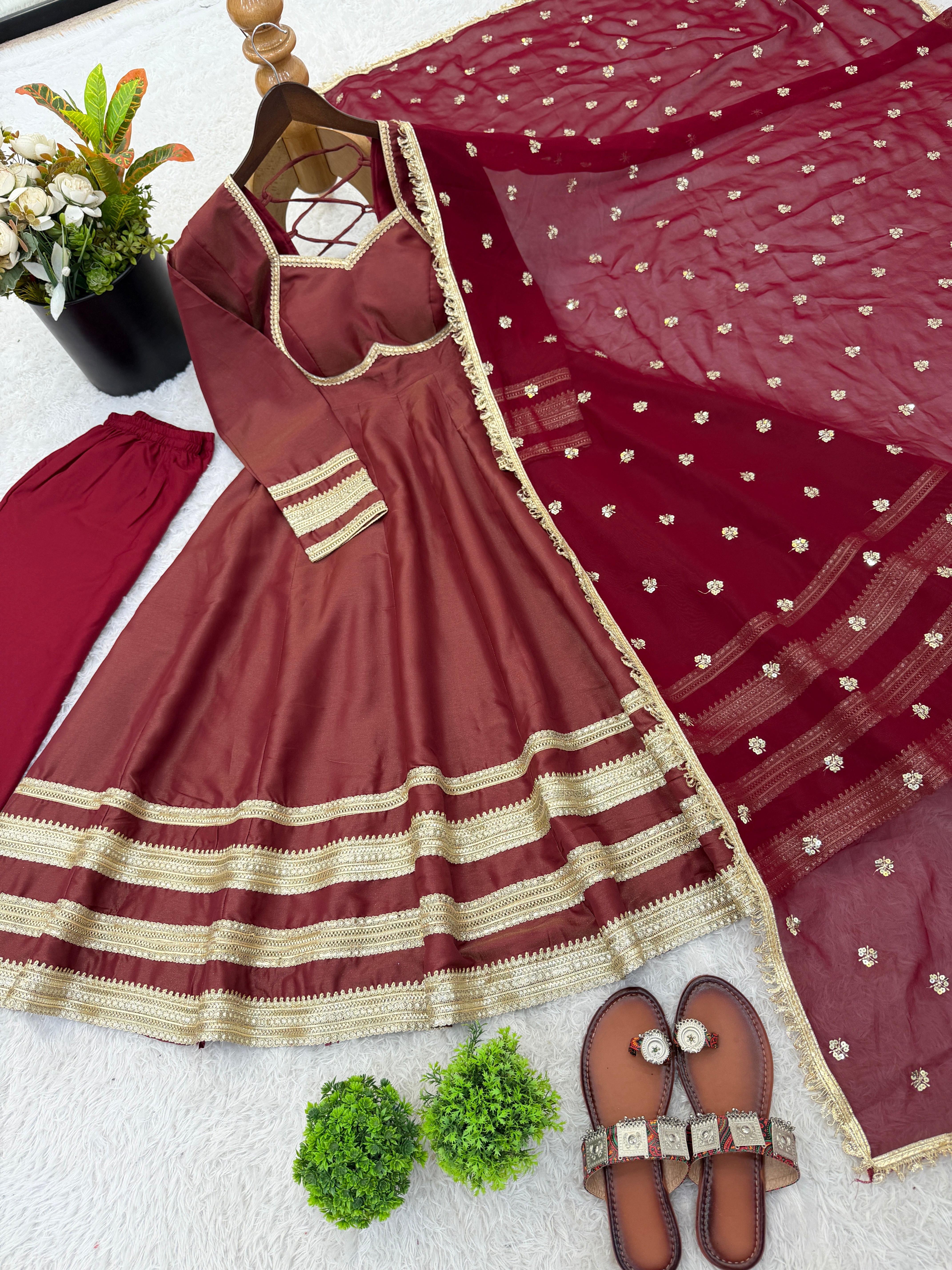 Wine Cosmos Gold Anarkali Suit Set with Heavy Lace Work & Embroidered Georgette Dupatta | Ready to Wear