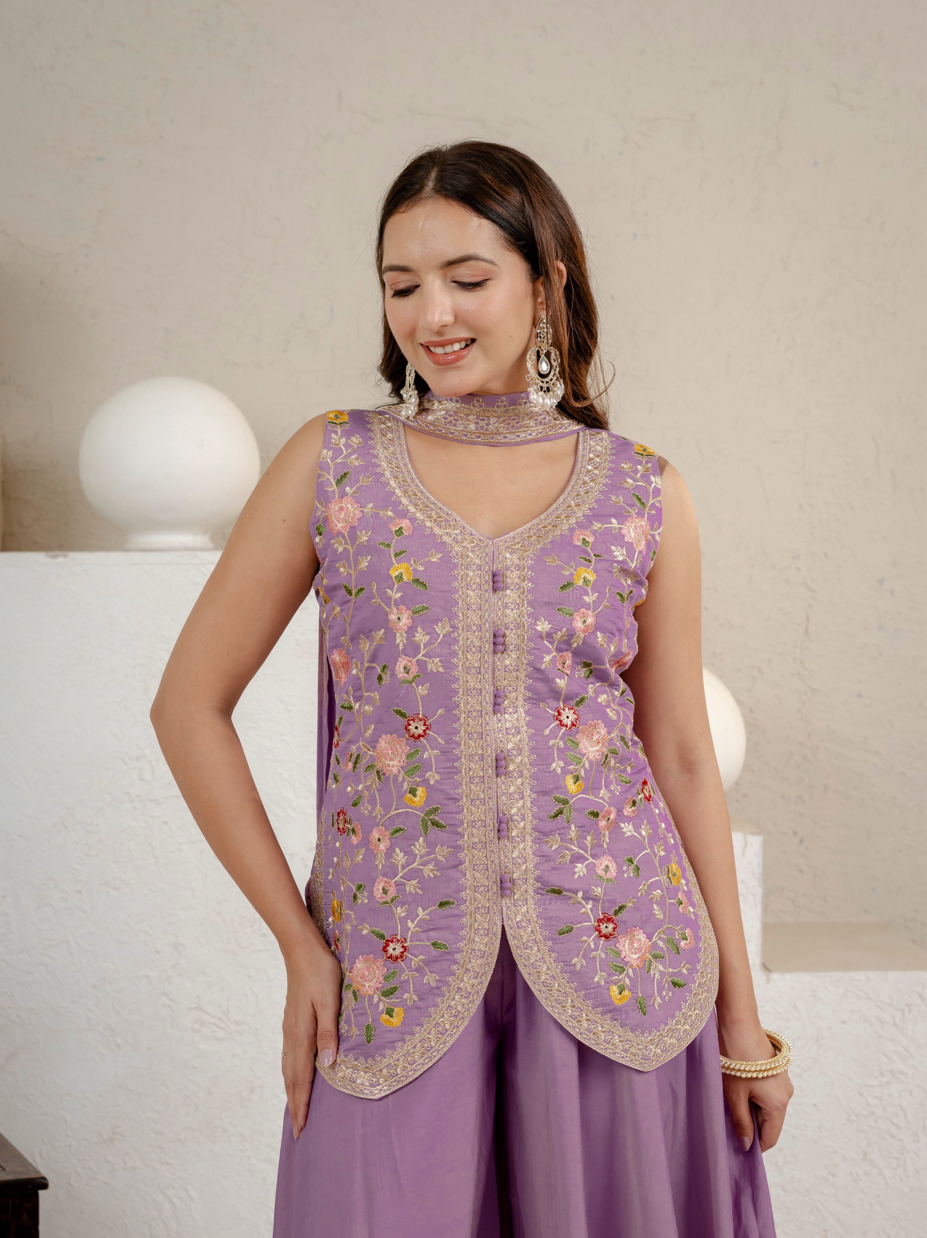 Lavender Roman Silk Embroidered Top with Sharara Palazzo & Chanderi Dupatta Set