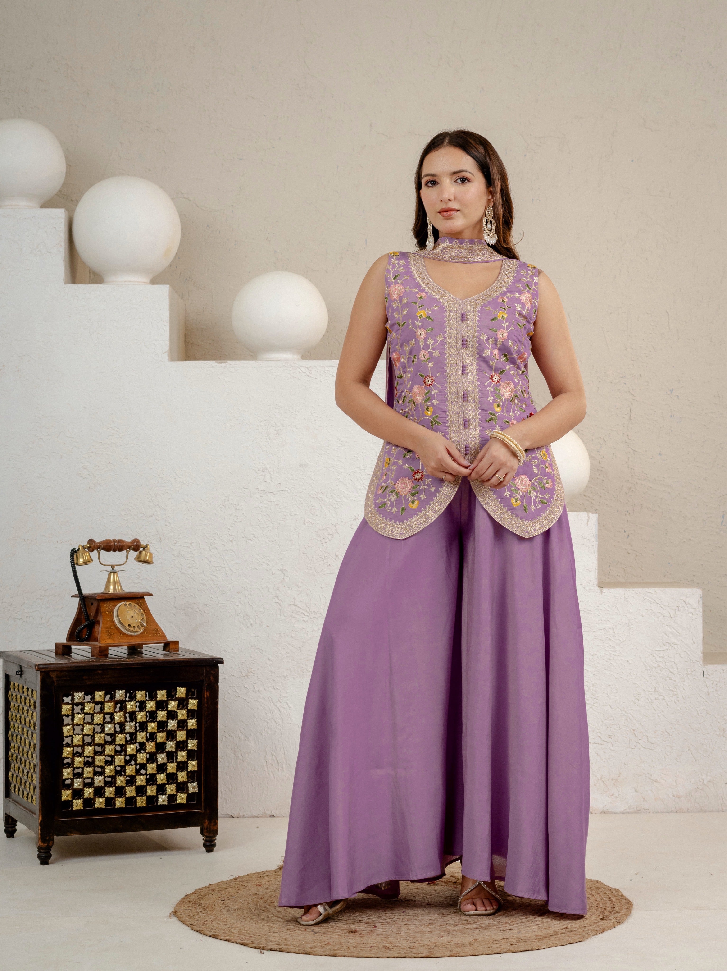 Lavender Roman Silk Embroidered Top with Sharara Palazzo & Chanderi Dupatta Set