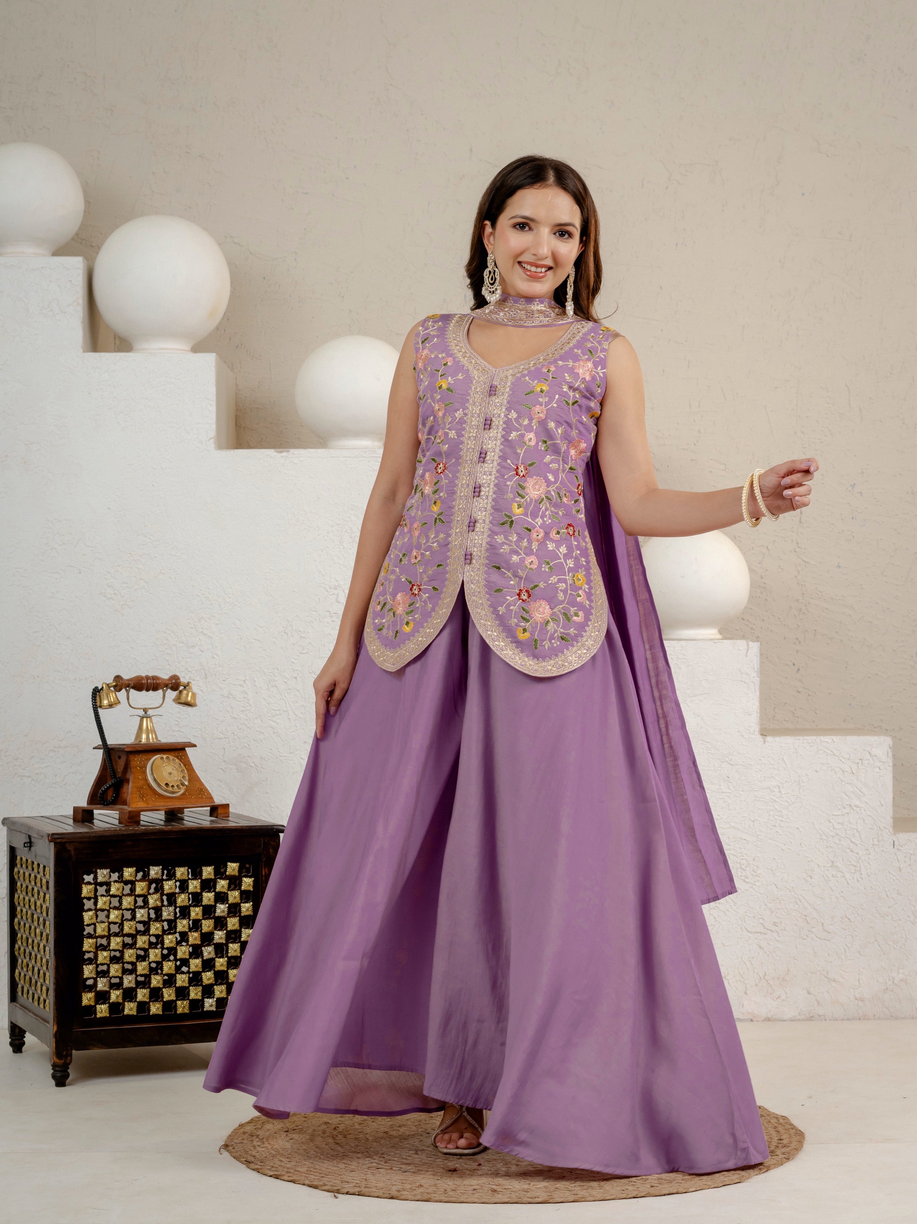 Lavender Roman Silk Embroidered Top with Sharara Palazzo & Chanderi Dupatta Set