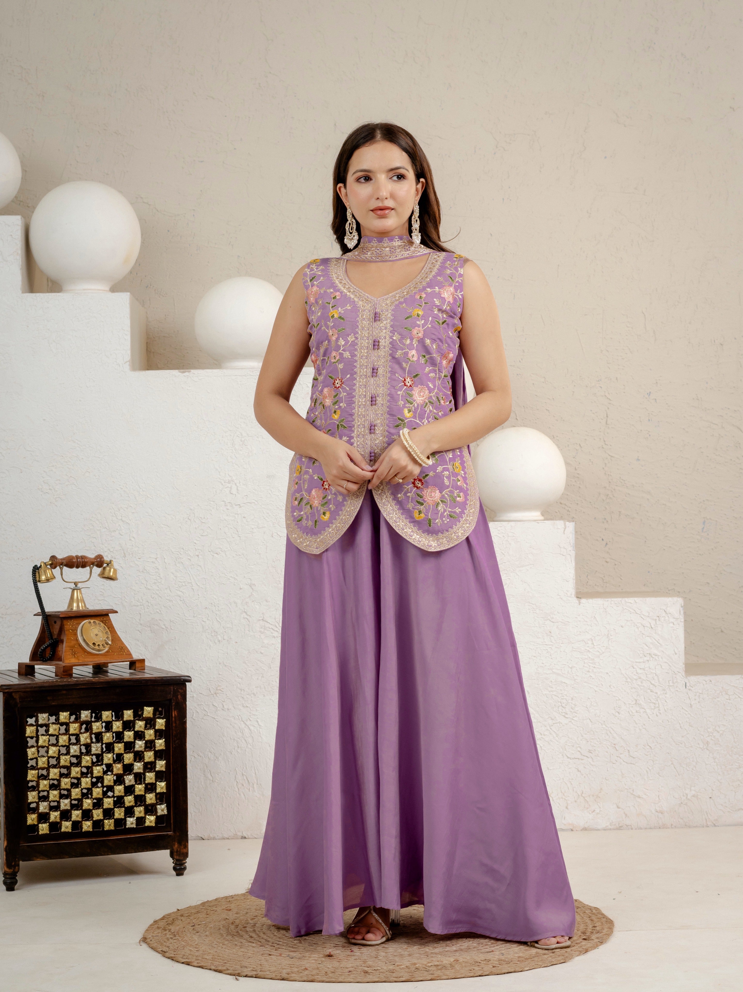 Lavender Roman Silk Embroidered Top with Sharara Palazzo & Chanderi Dupatta Set