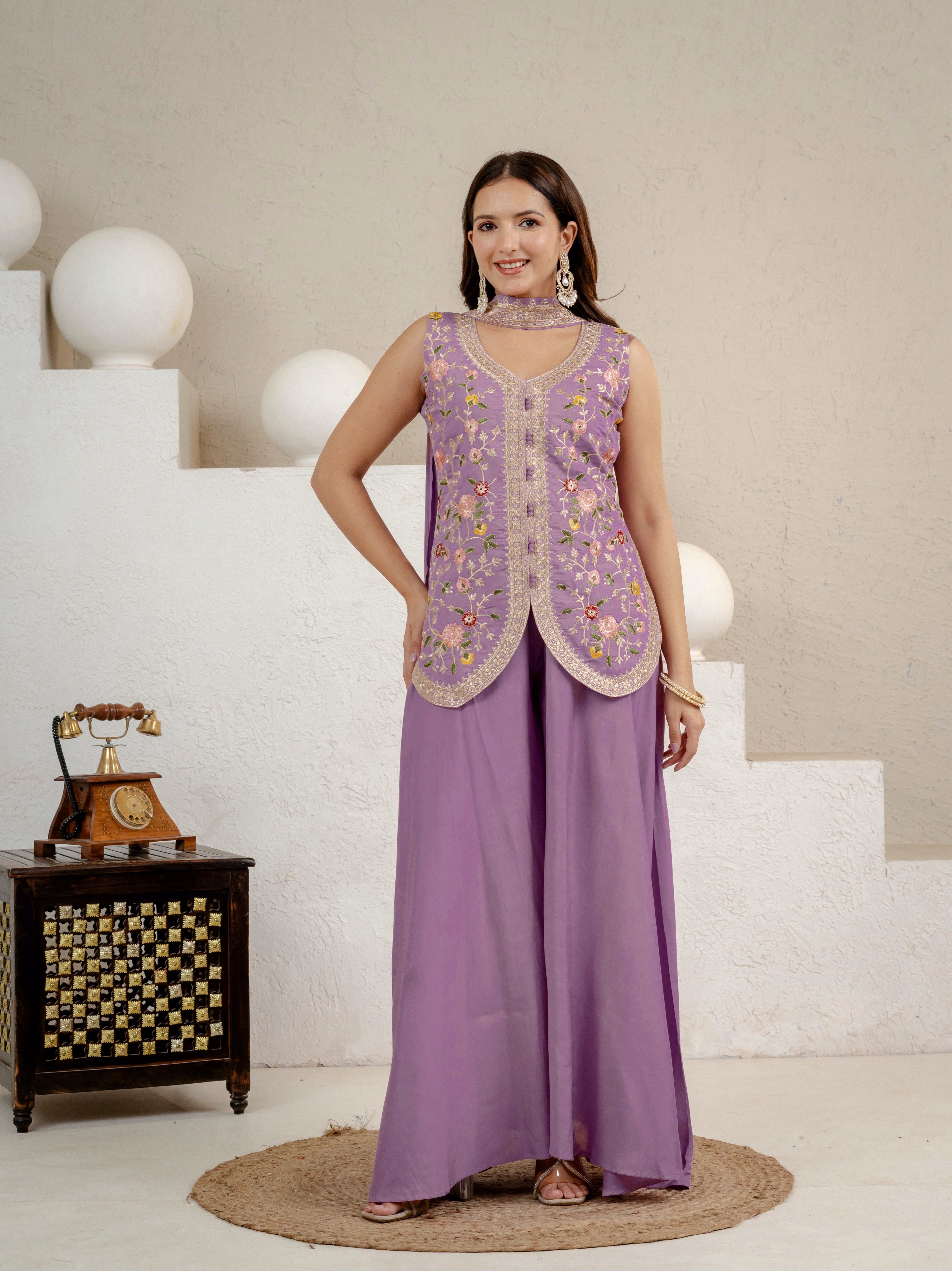 Lavender Roman Silk Embroidered Top with Sharara Palazzo & Chanderi Dupatta Set