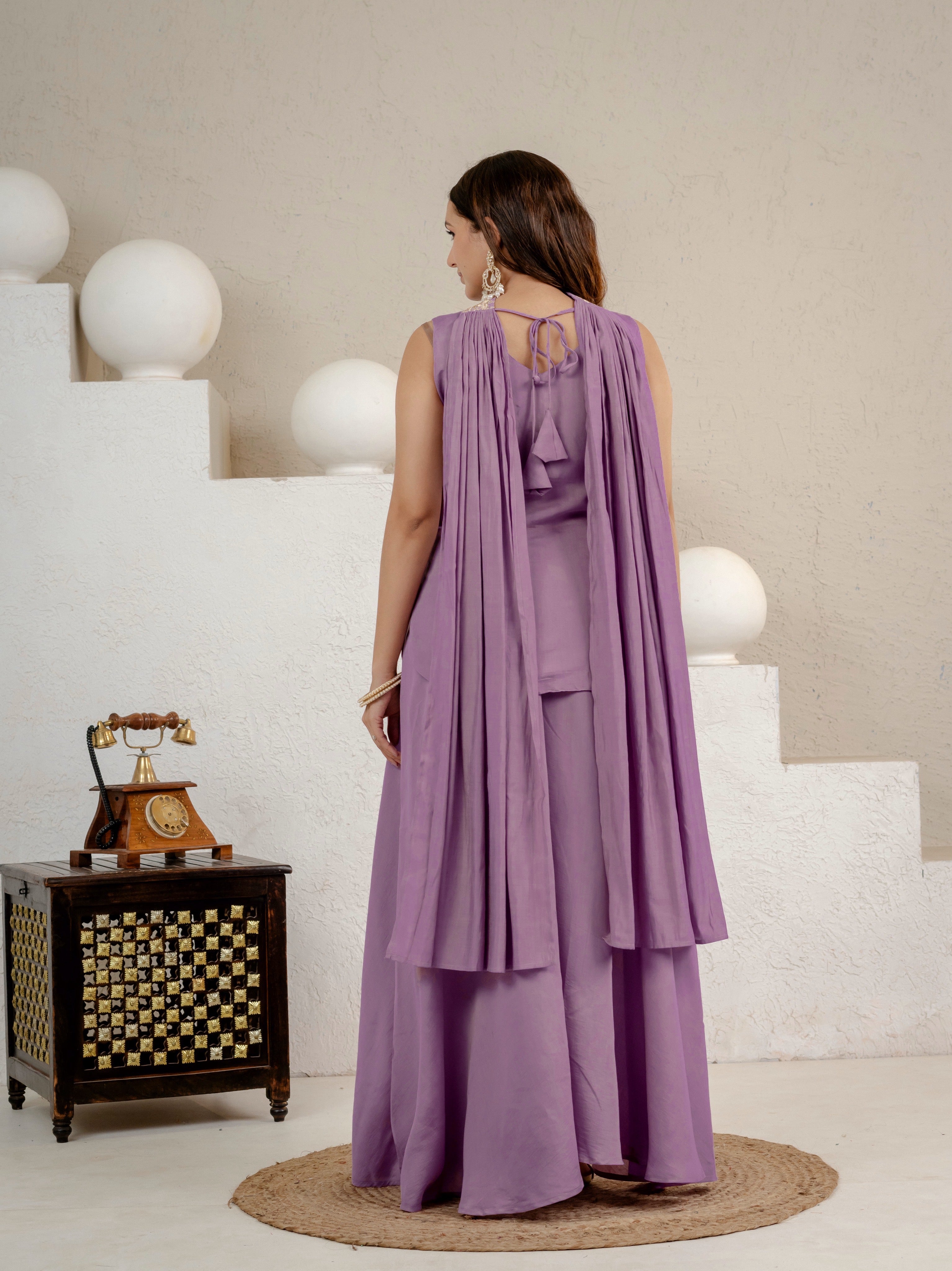 Lavender Roman Silk Embroidered Top with Sharara Palazzo & Chanderi Dupatta Set