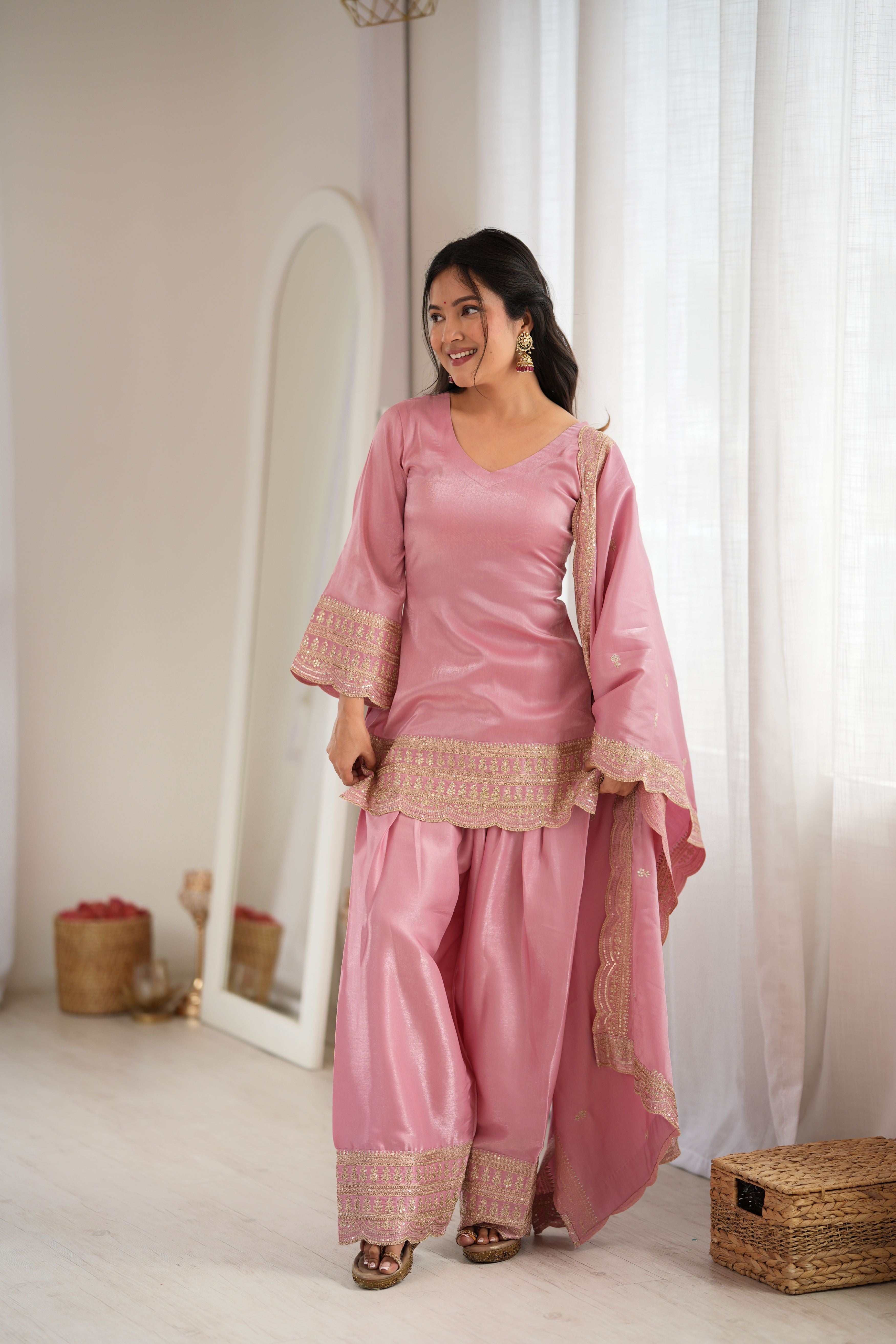 Blush Pink Glass Roman Silk Embroidered Kurta with Farshi Shalwar & Dupatta Set