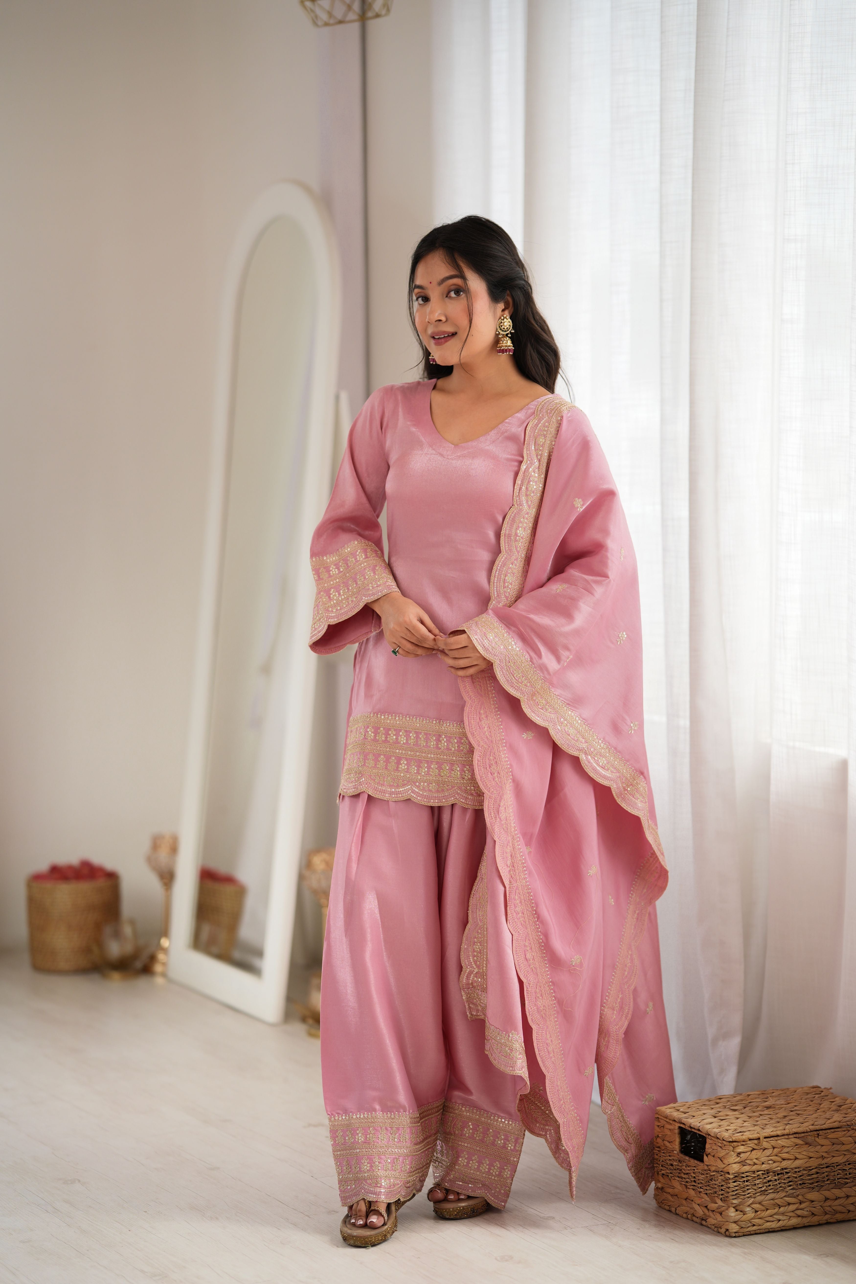 Blush Pink Glass Roman Silk Embroidered Kurta with Farshi Shalwar & Dupatta Set