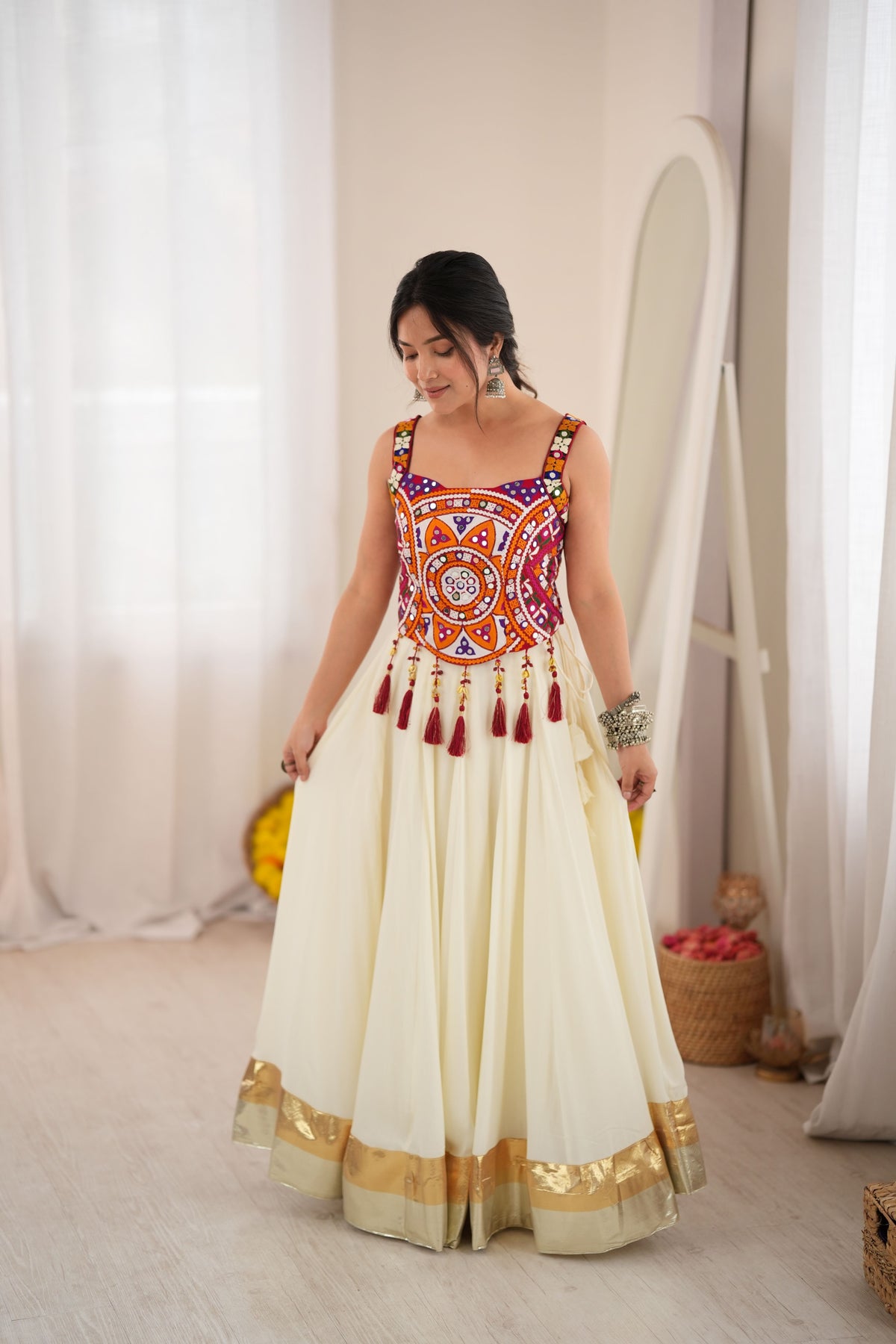 Ivory White & Maroon Mirror Work Rayon Lehenga Choli Set