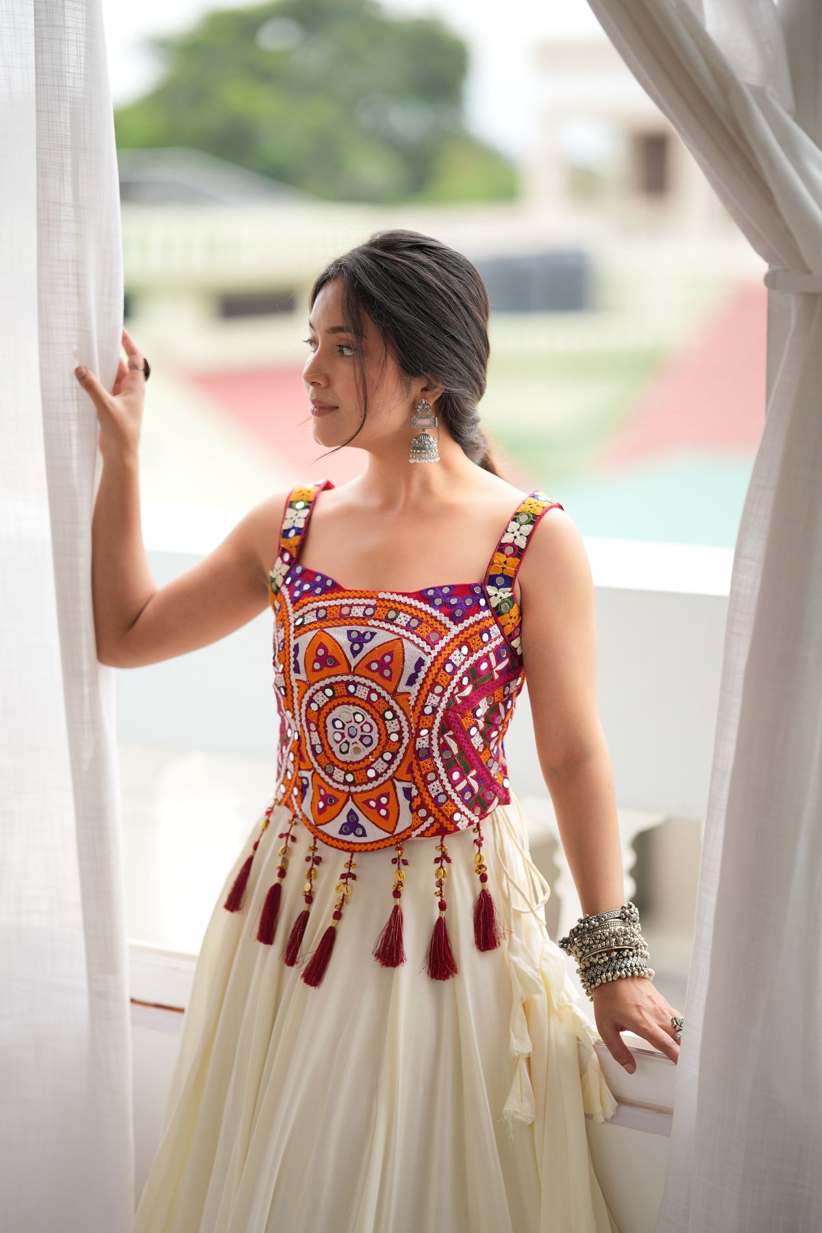 Ivory White & Maroon Mirror Work Rayon Lehenga Choli Set