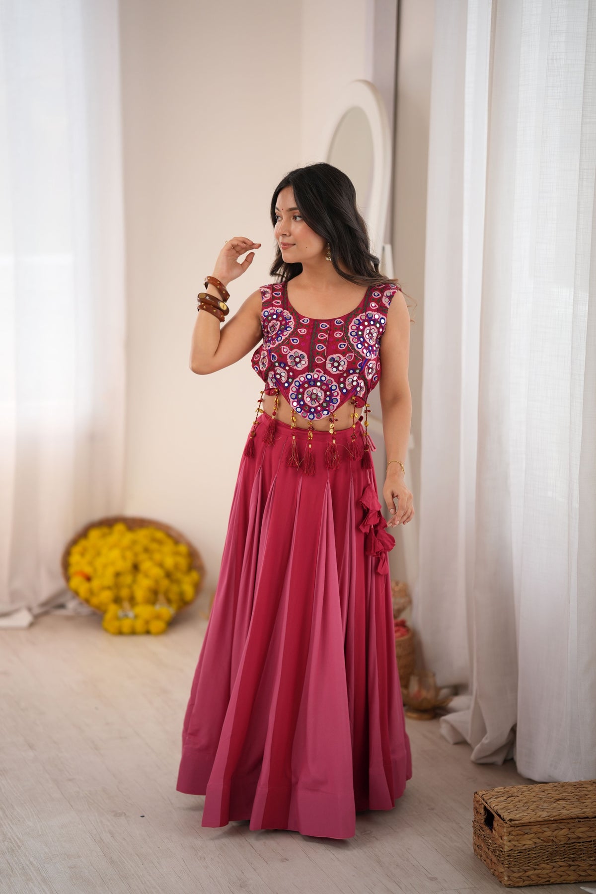 Wine Pink & Rose Pink Heavy Rayon Mirror Work Lehenga Choli
