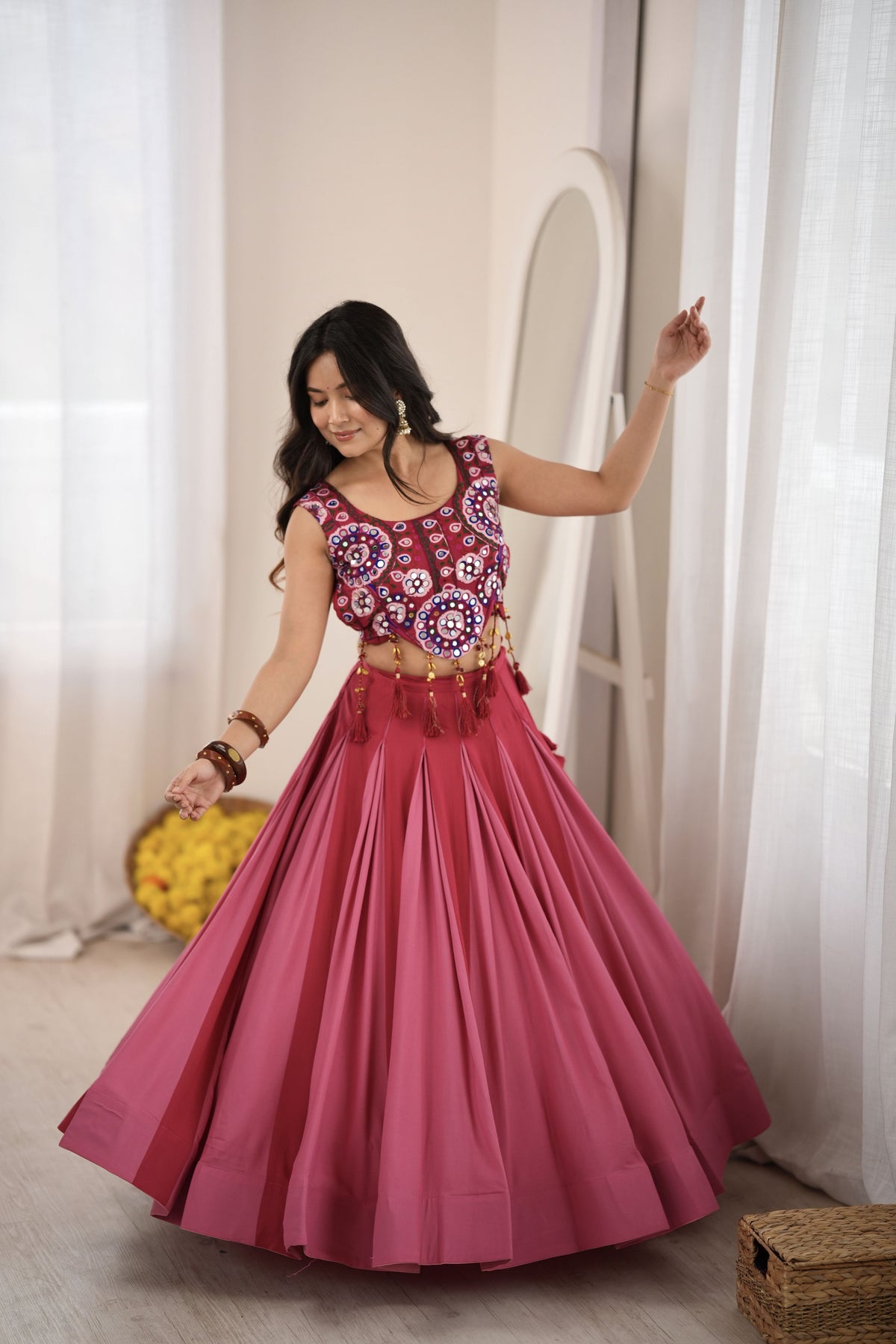Wine Pink & Rose Pink Heavy Rayon Mirror Work Lehenga Choli