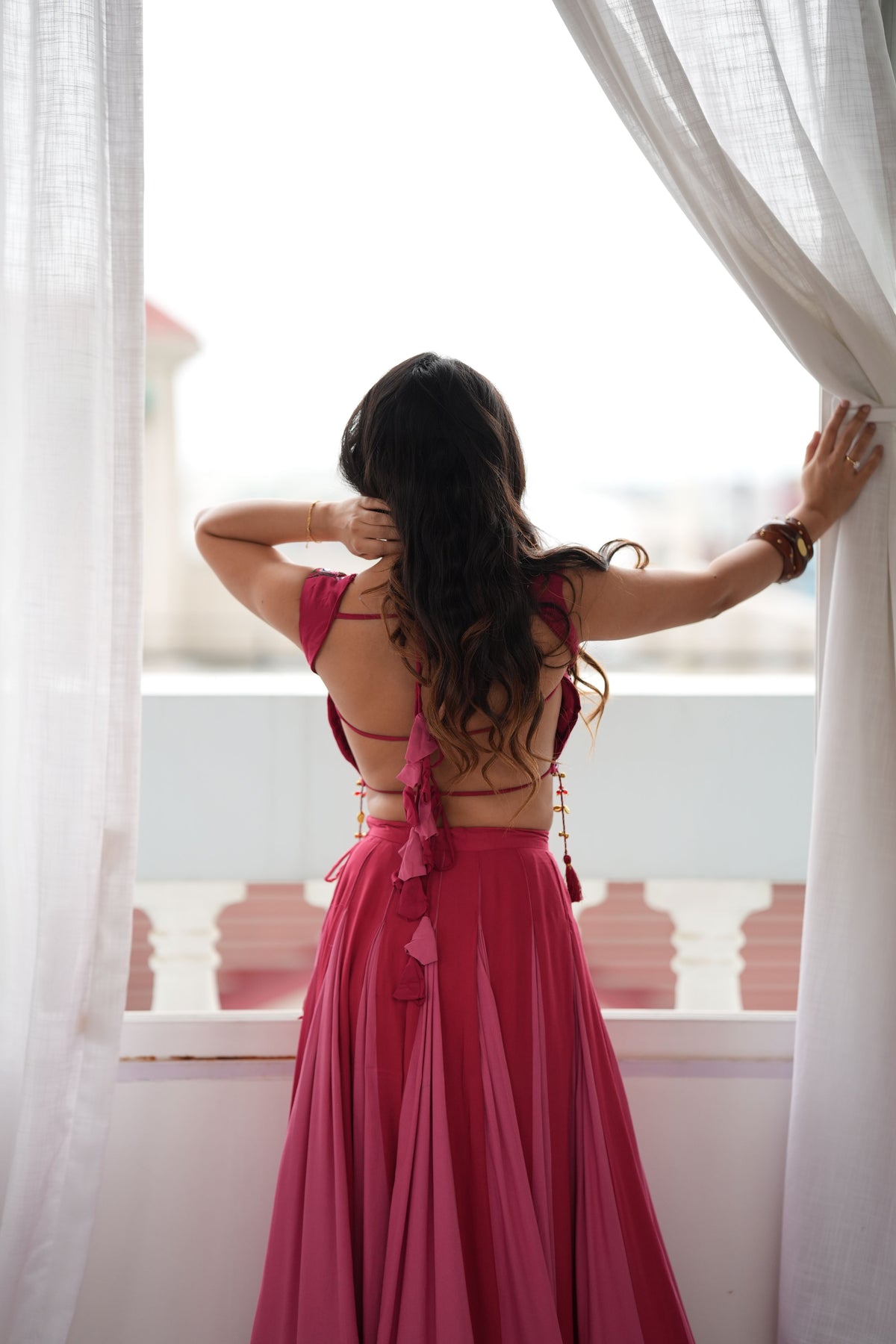 Wine Pink & Rose Pink Heavy Rayon Mirror Work Lehenga Choli