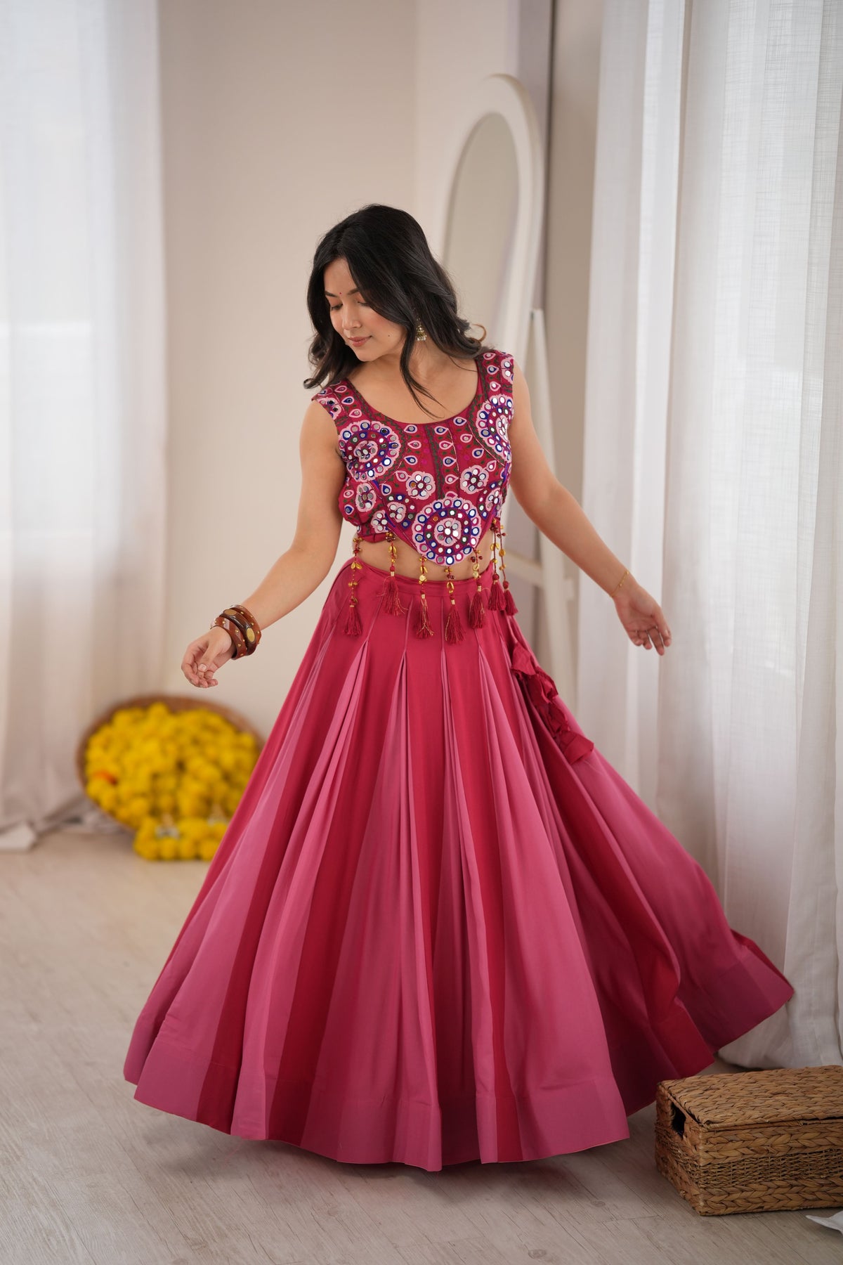 Wine Pink & Rose Pink Heavy Rayon Mirror Work Lehenga Choli