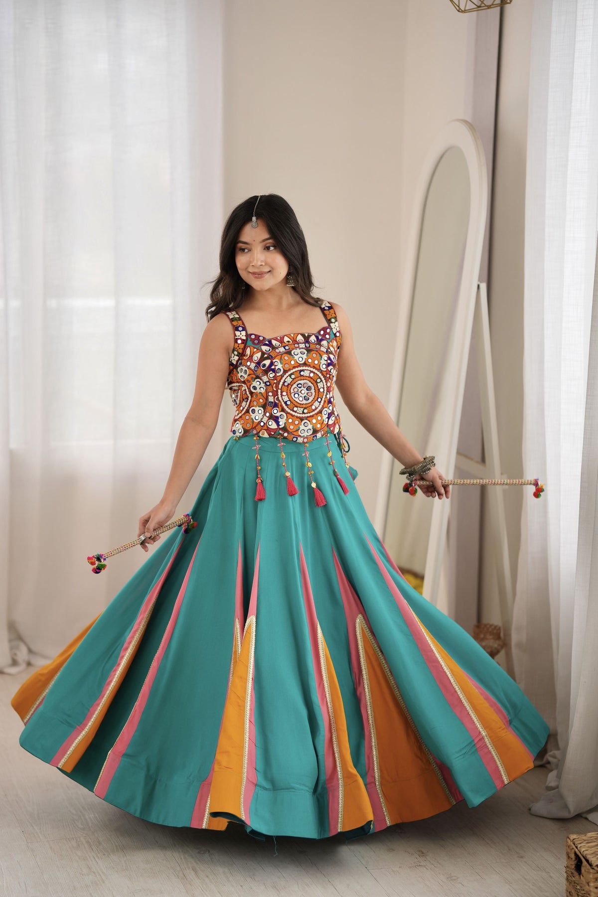 Teal Green Designer Lehenga Choli with Mirror Work, Thread Work & 6 Meter Flair