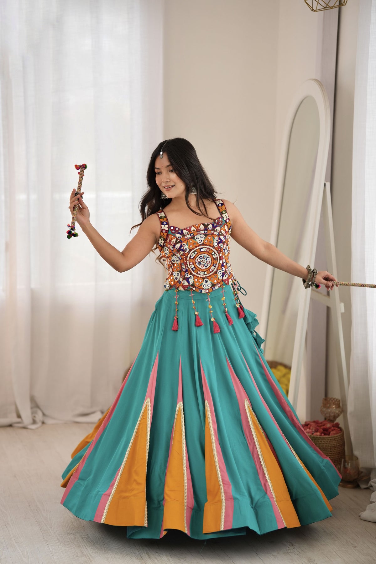Teal Green Designer Lehenga Choli with Mirror Work, Thread Work & 6 Meter Flair