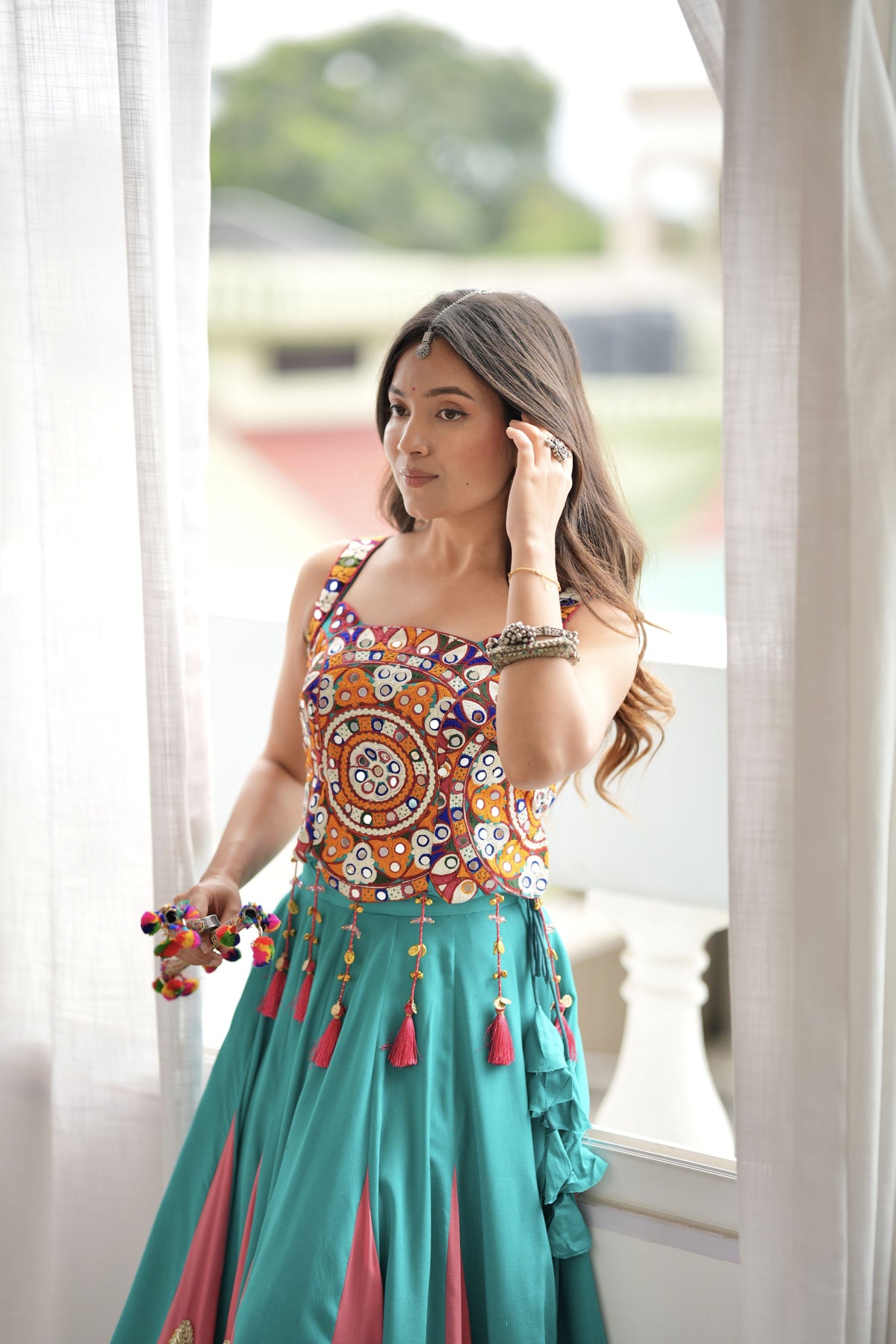 Teal Green Designer Lehenga Choli with Mirror Work, Thread Work & 6 Meter Flair