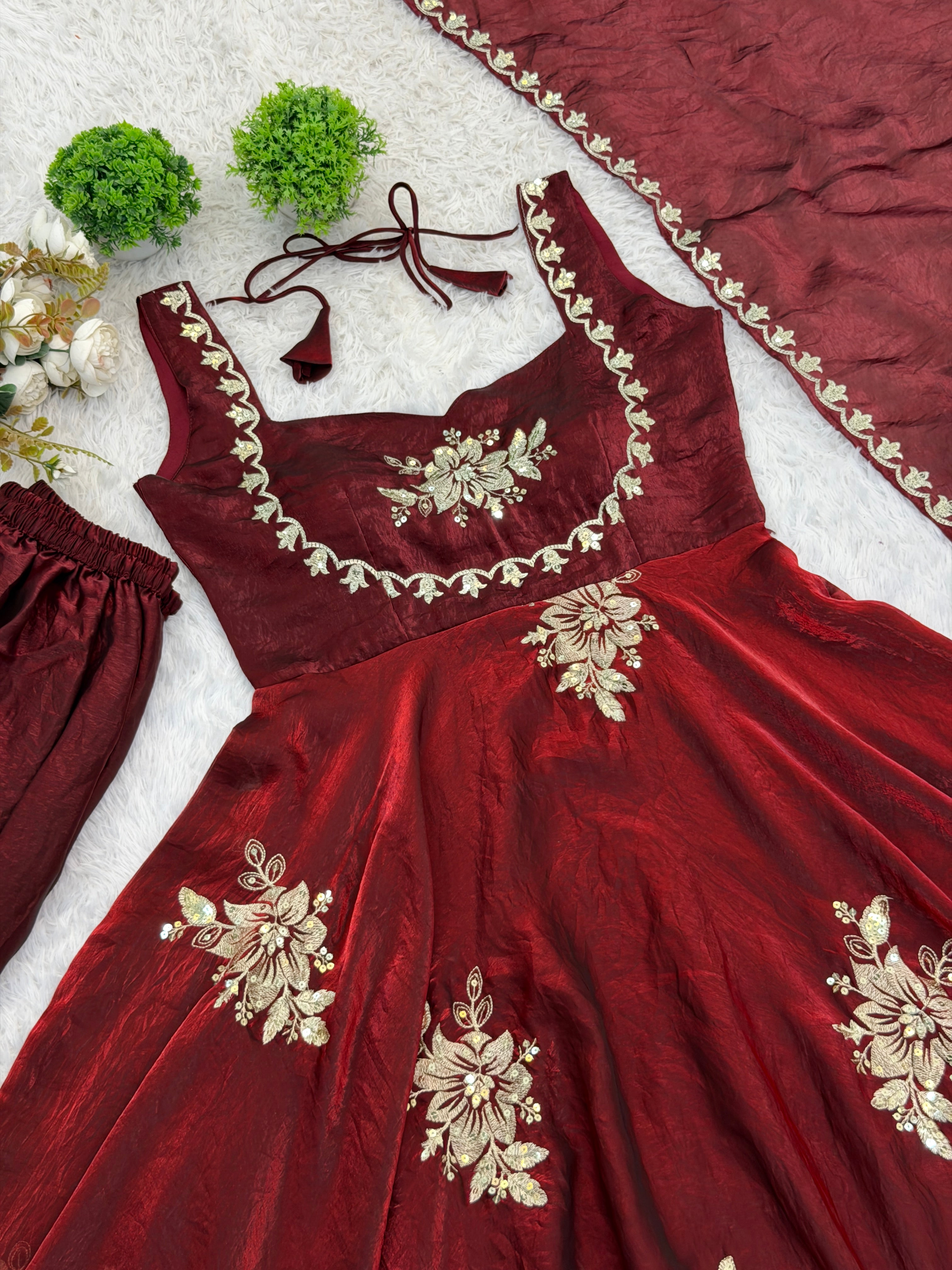 Buy Luxury Fendy Silk Embroidered Gown Sharara Set Online USA | Ready to Wear Indian Outfit