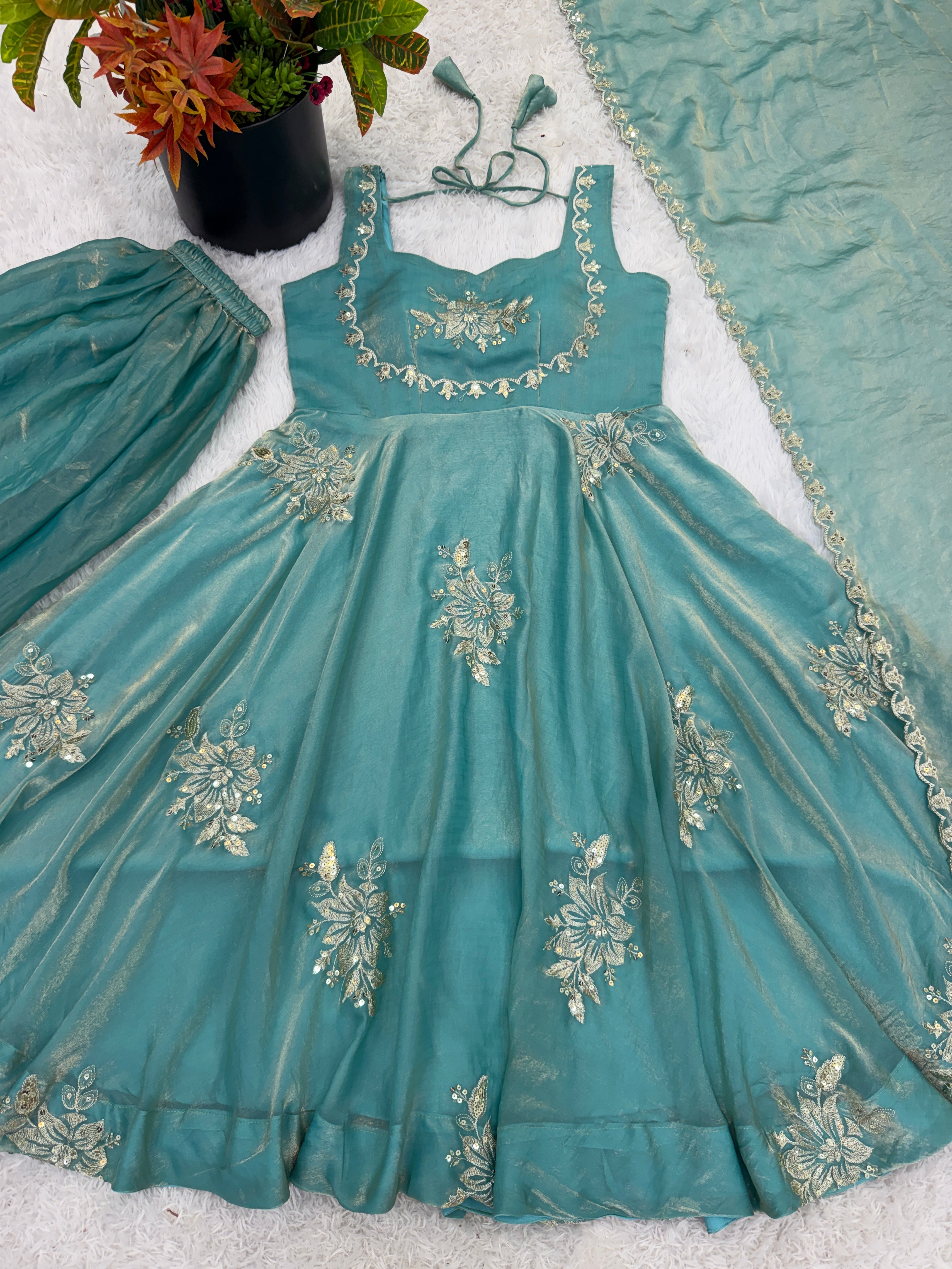 Buy Sky Color Luxury Gown Sharara Set Online USA | Ready to Wear Indian Outfit